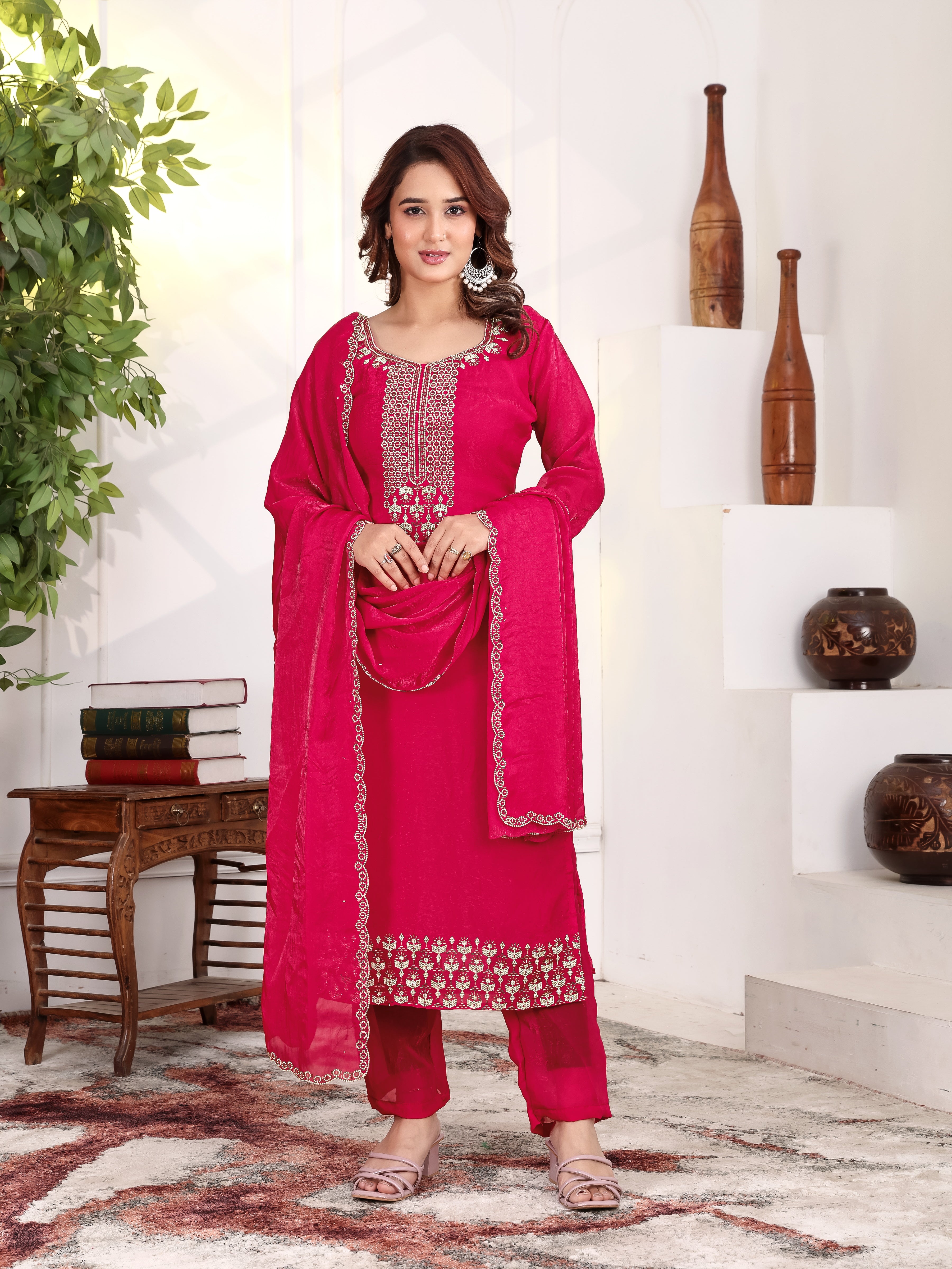 Aakriti - KD002 Pink Fendy Satin Kurti With Pant & Dupatta