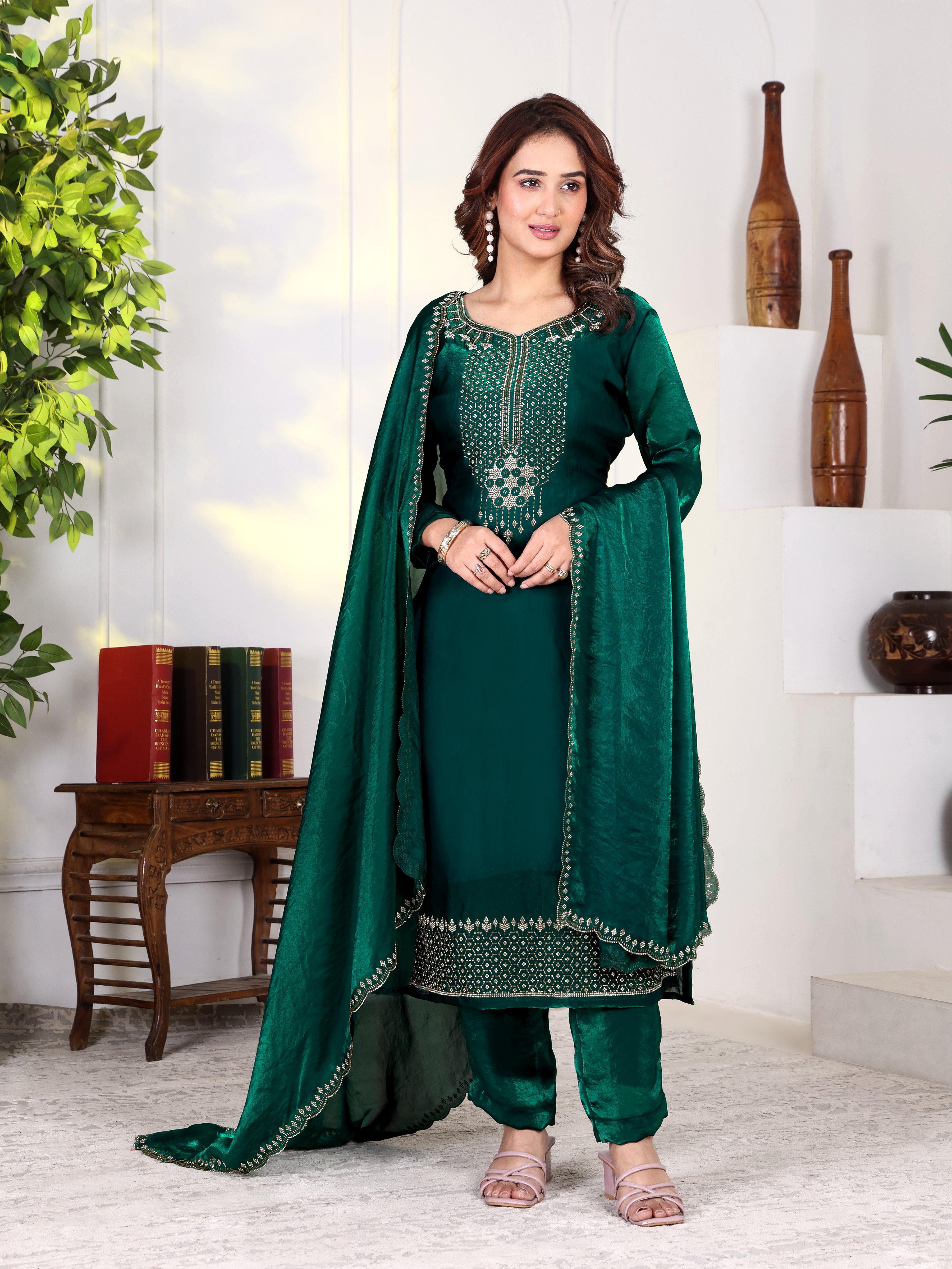 Aira - KD003 Green Fendy Satin Kurti With Pant & Dupatta