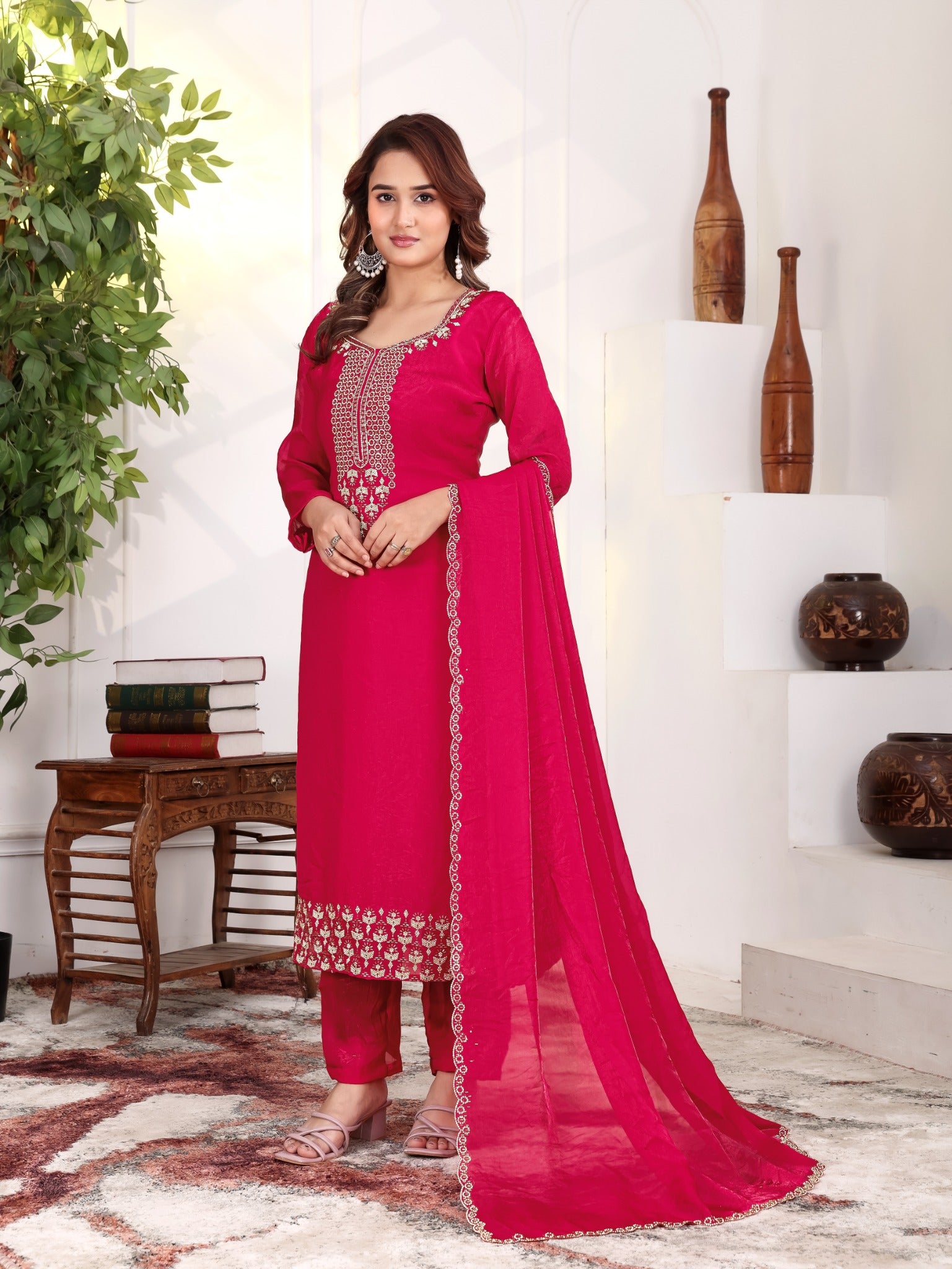 Aakriti - KD002 Pink Fendy Satin Kurti With Pant & Dupatta