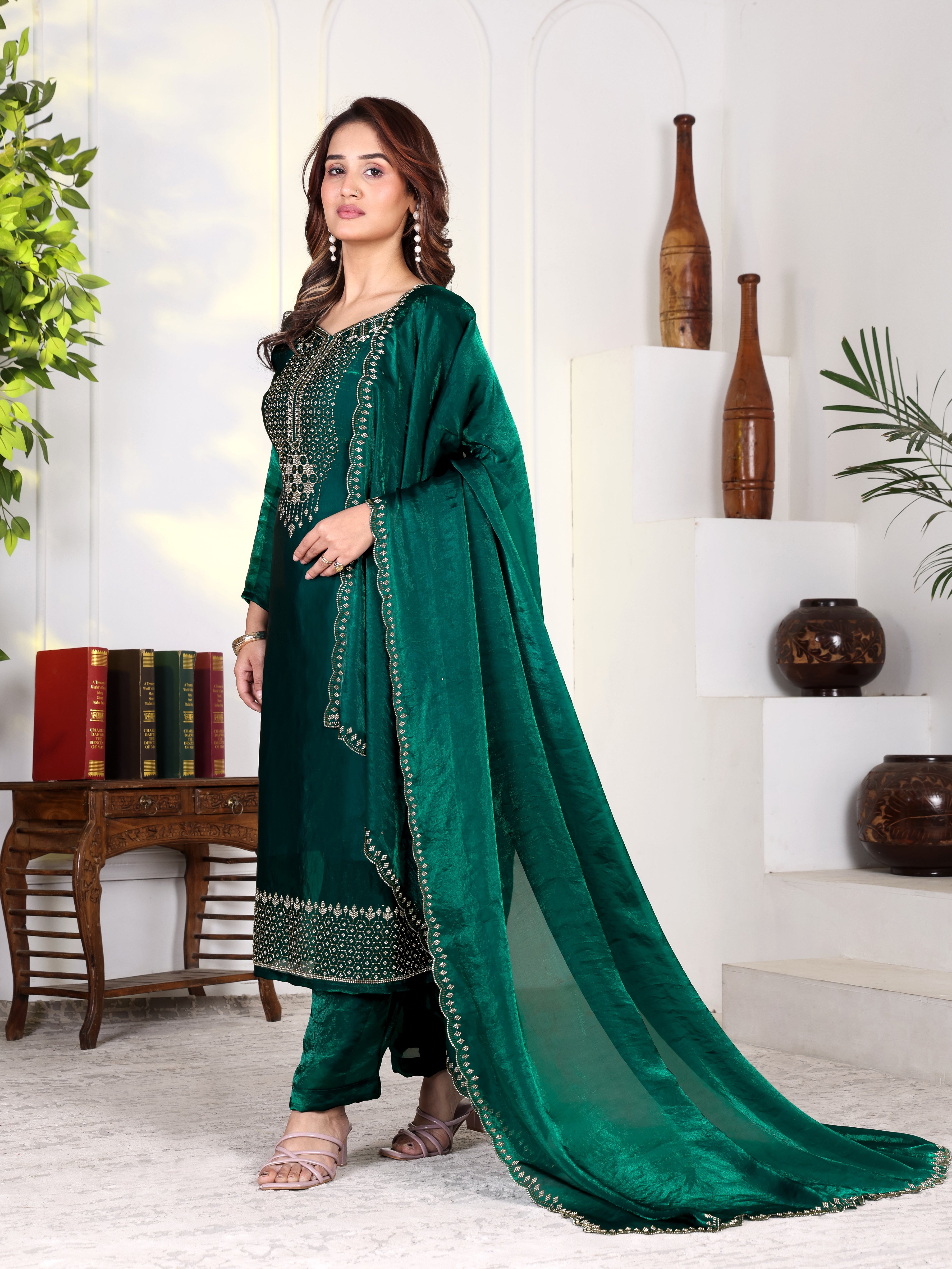 Aira - KD003 Green Fendy Satin Kurti With Pant & Dupatta