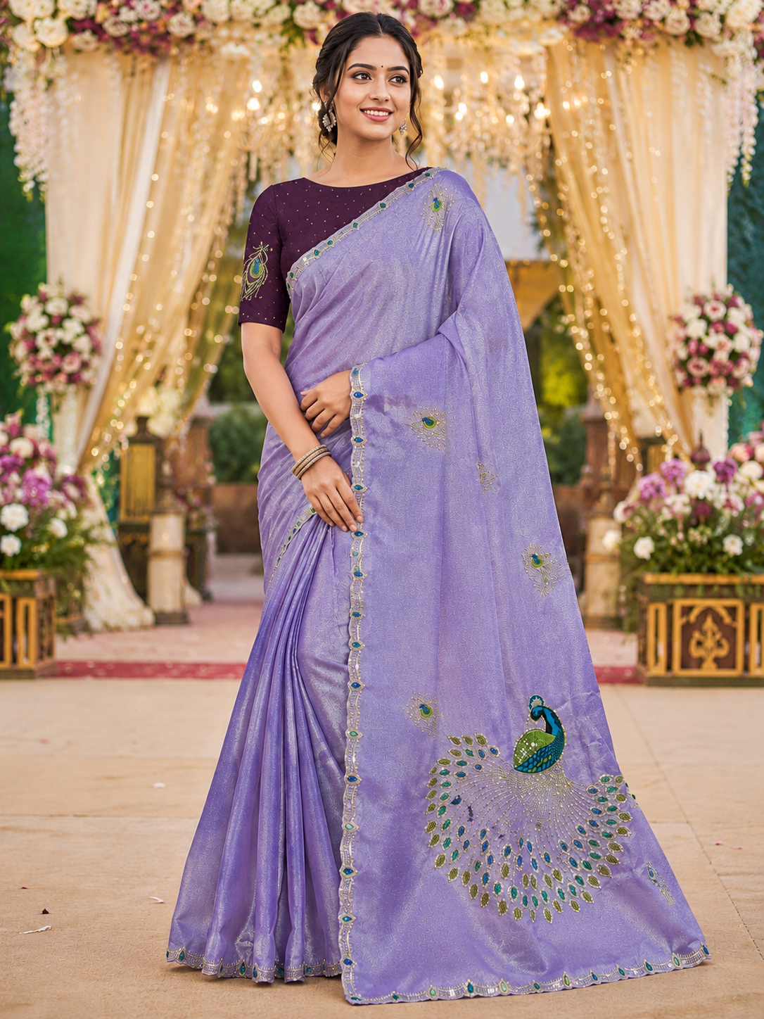 Lavender Peacock Work Elegance Saree