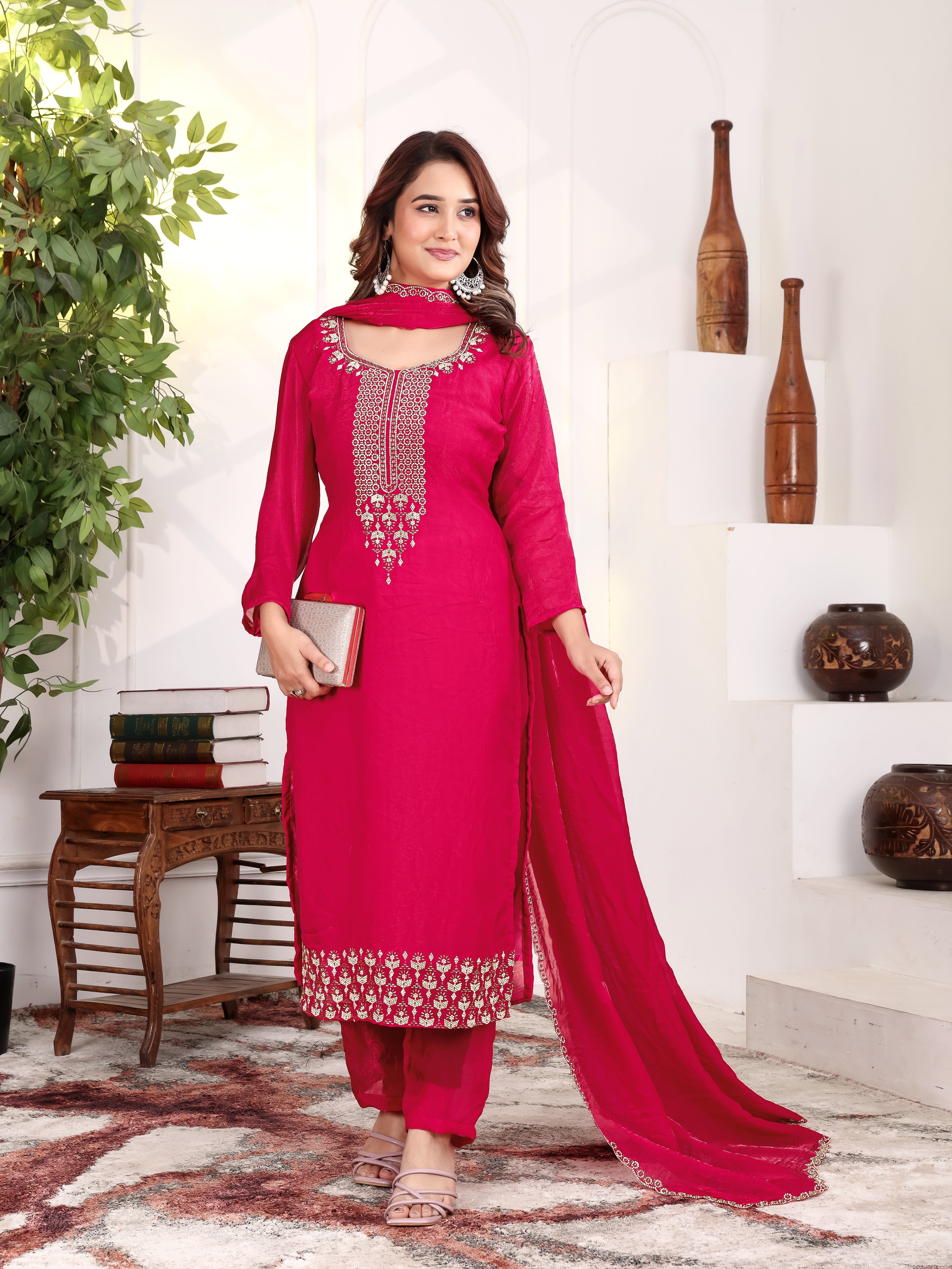 Aakriti - KD002 Pink Fendy Satin Kurti With Pant & Dupatta