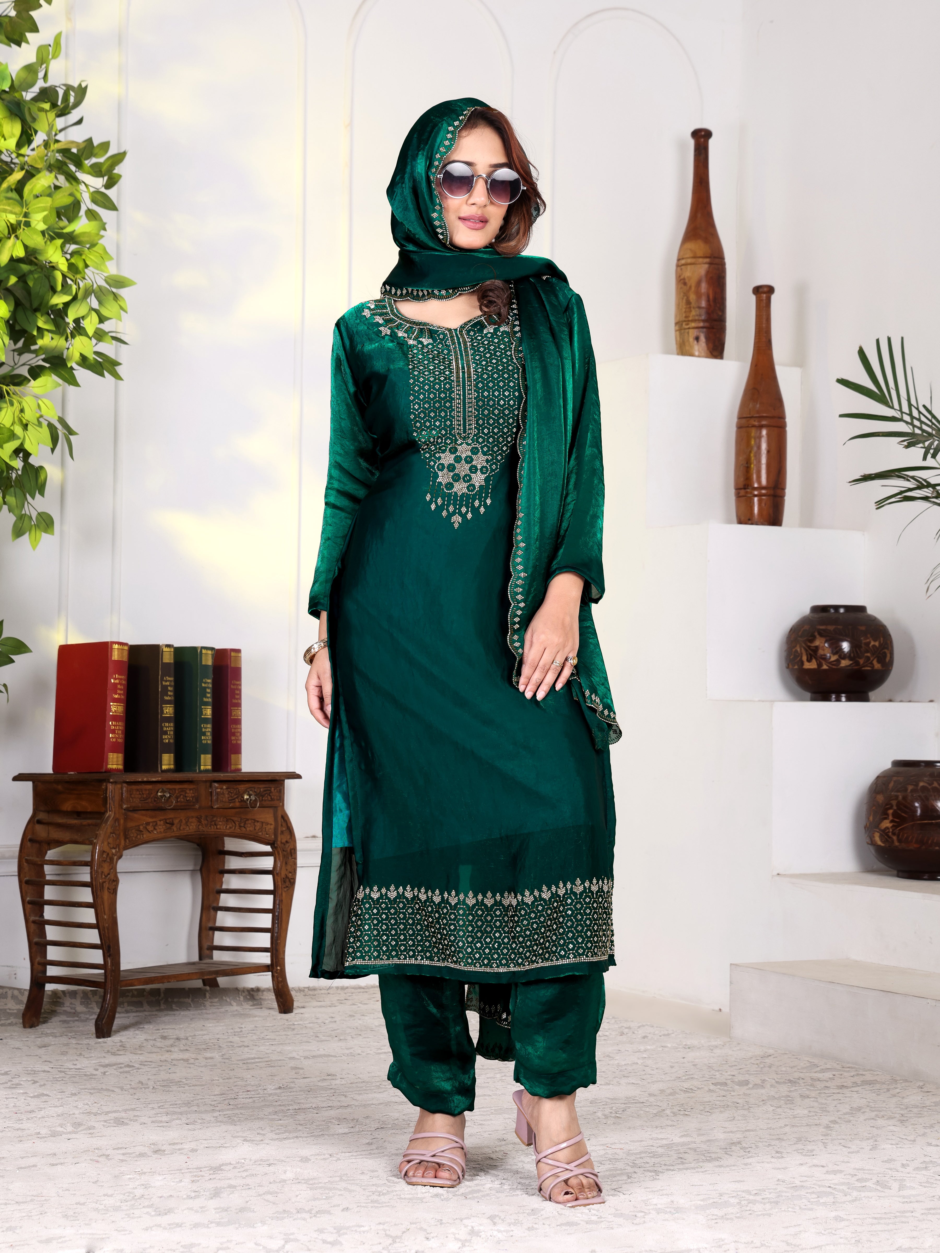 Aira - KD003 Green Fendy Satin Kurti With Pant & Dupatta