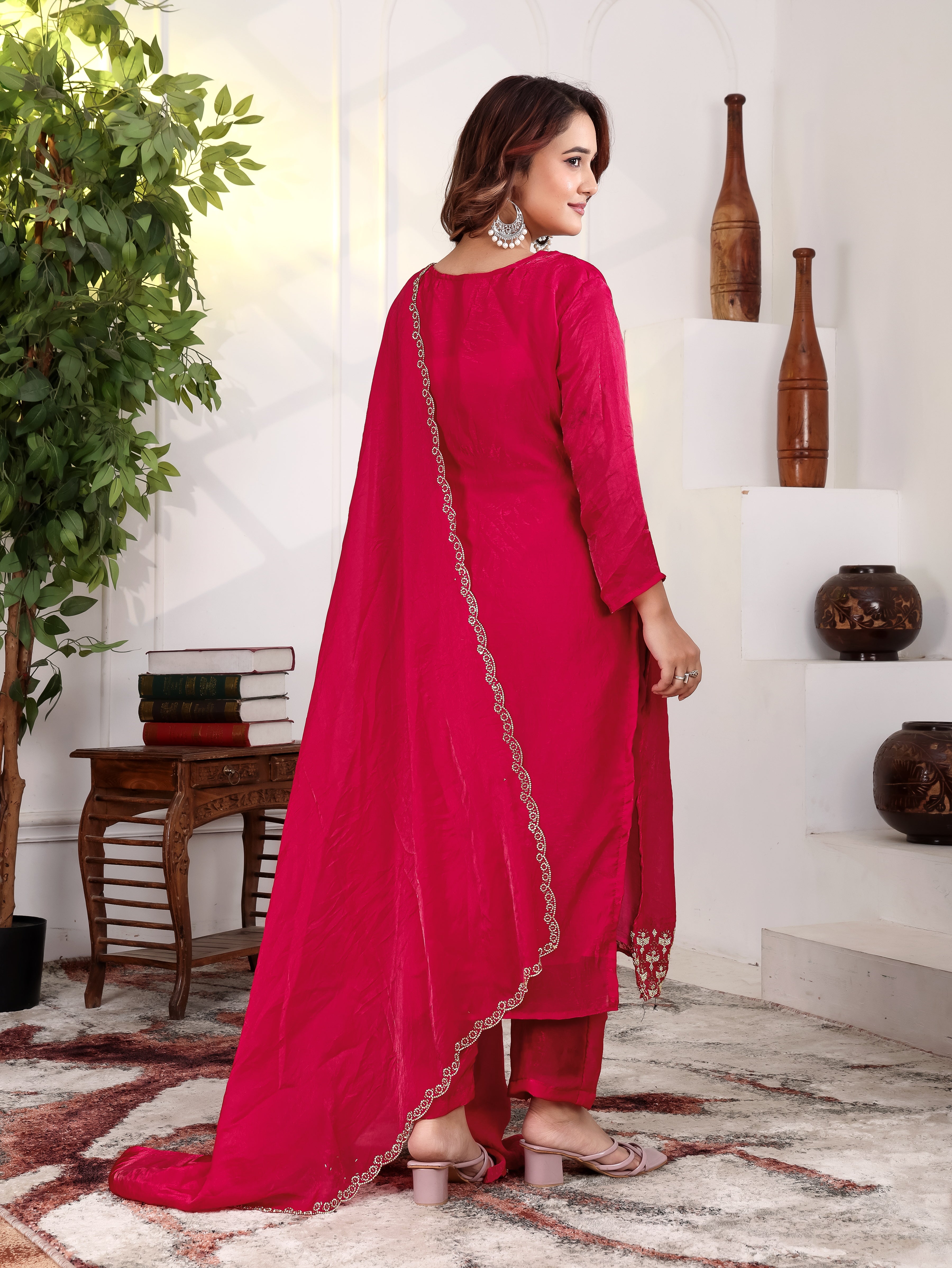 Aakriti - KD002 Pink Fendy Satin Kurti With Pant & Dupatta