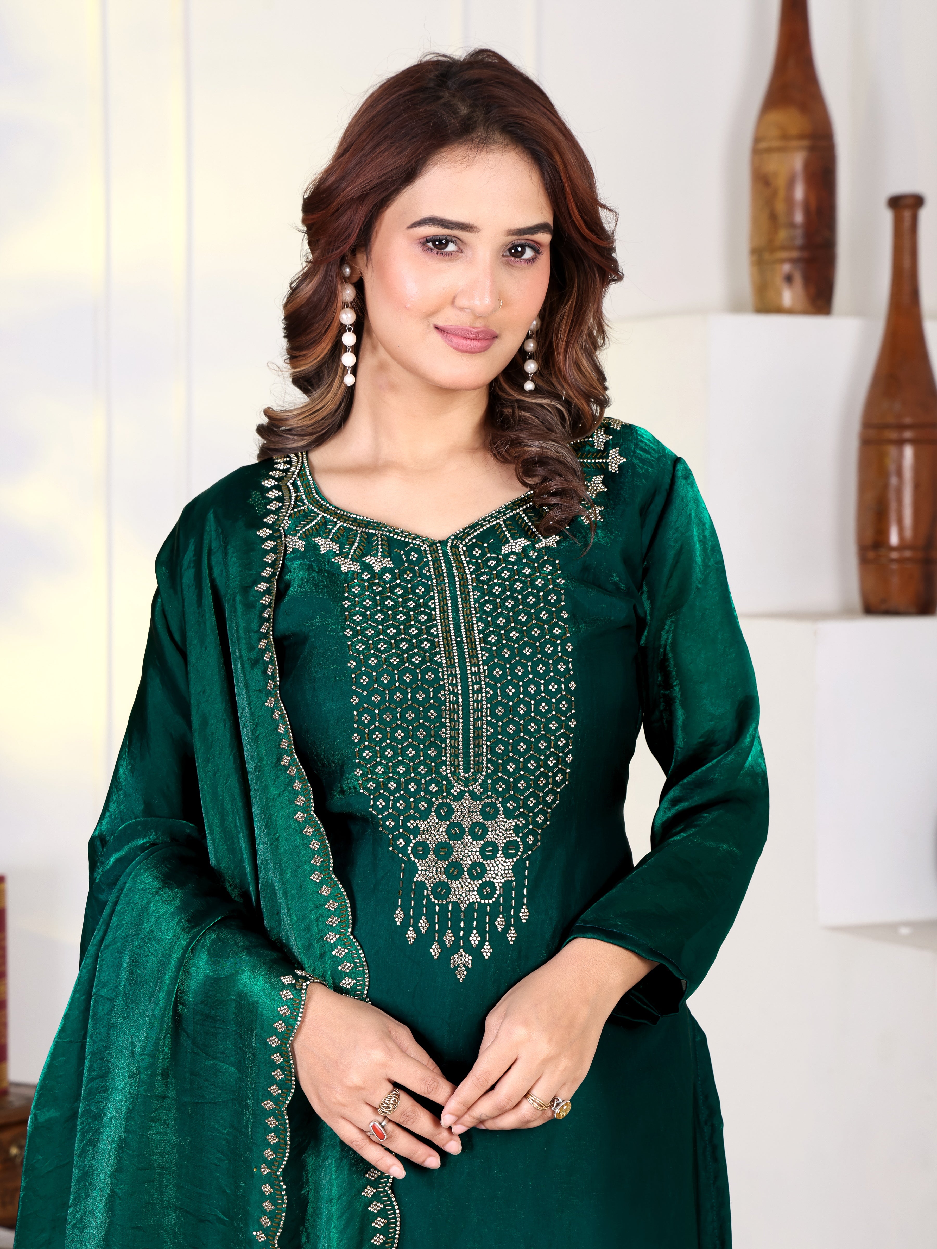 Aira - KD003 Green Fendy Satin Kurti With Pant & Dupatta
