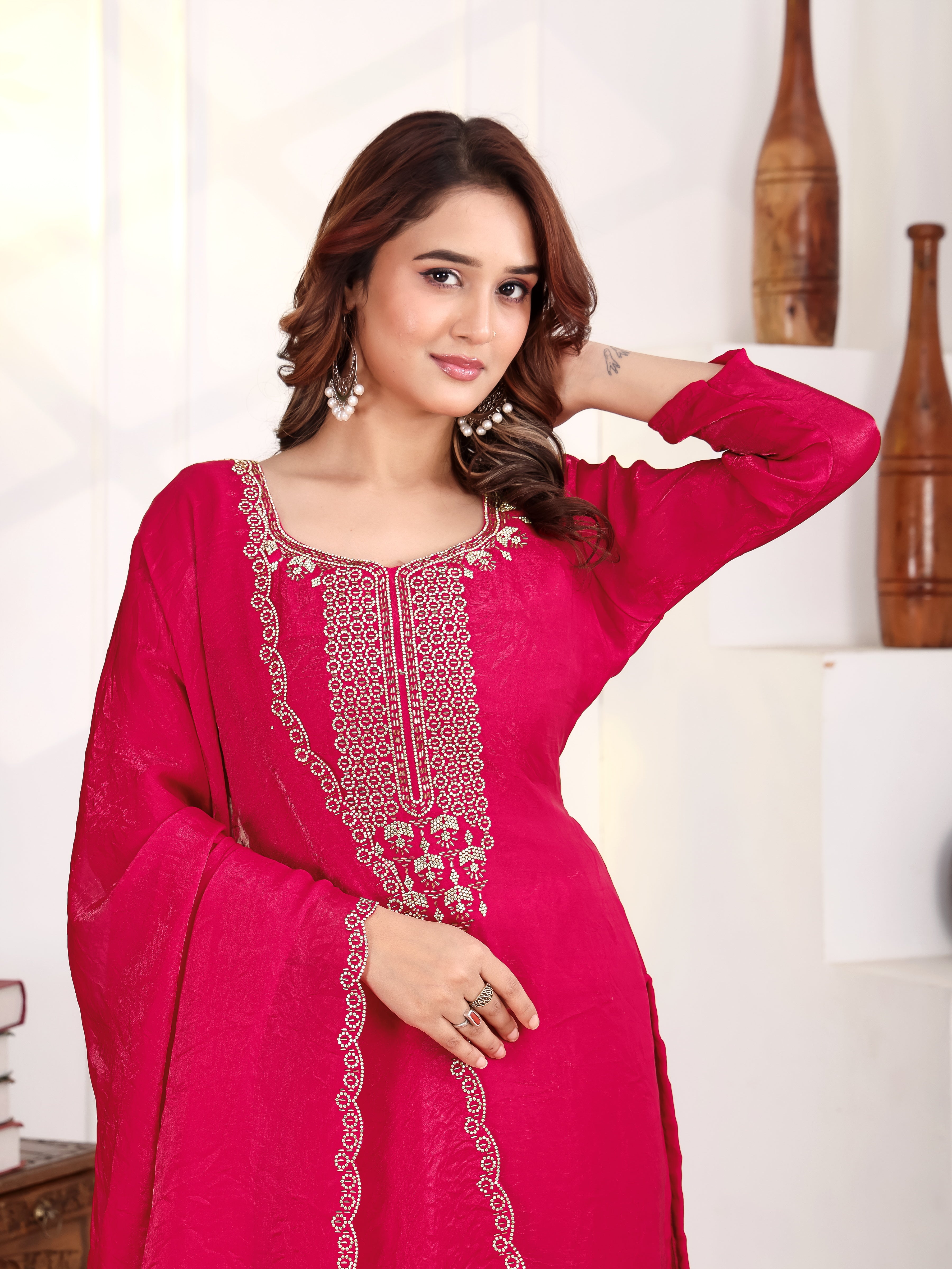 Aakriti - KD002 Pink Fendy Satin Kurti With Pant & Dupatta