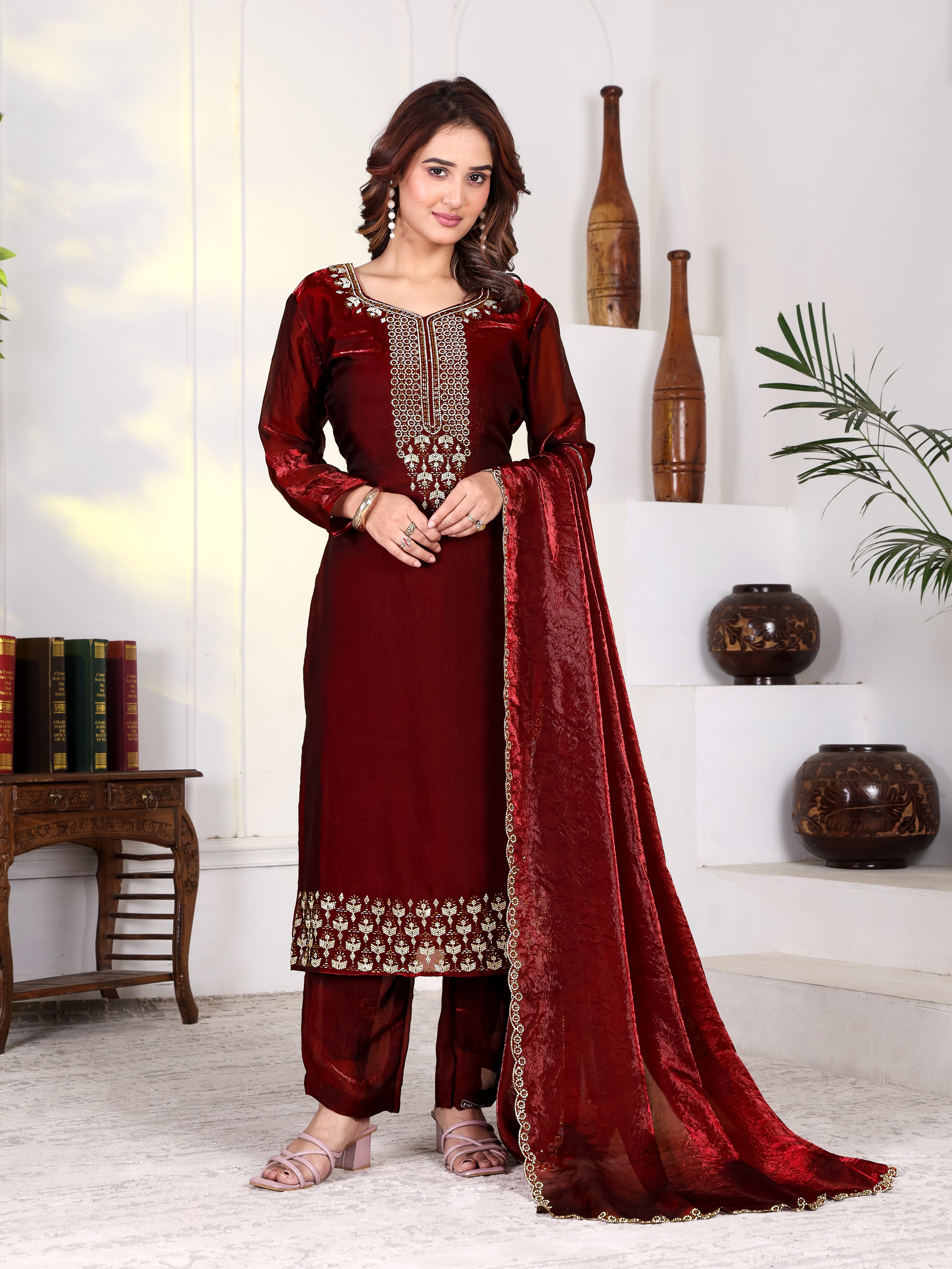Aakriti - KD001 Maroon Fendy Satin Kurti With Pant & Dupatta