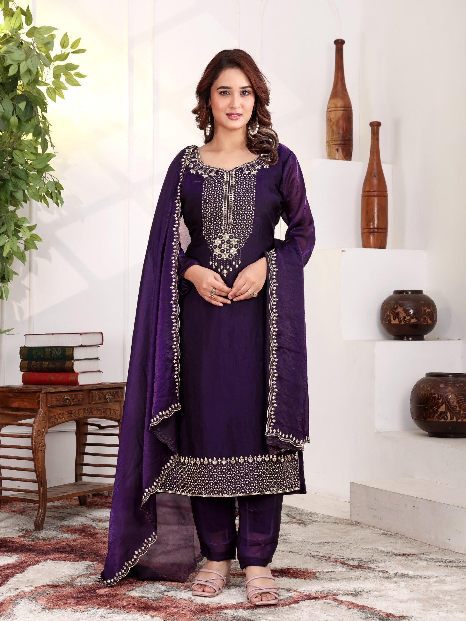 Aira - KD005 Purple Fendy Satin Kurti With Pant & Dupatta