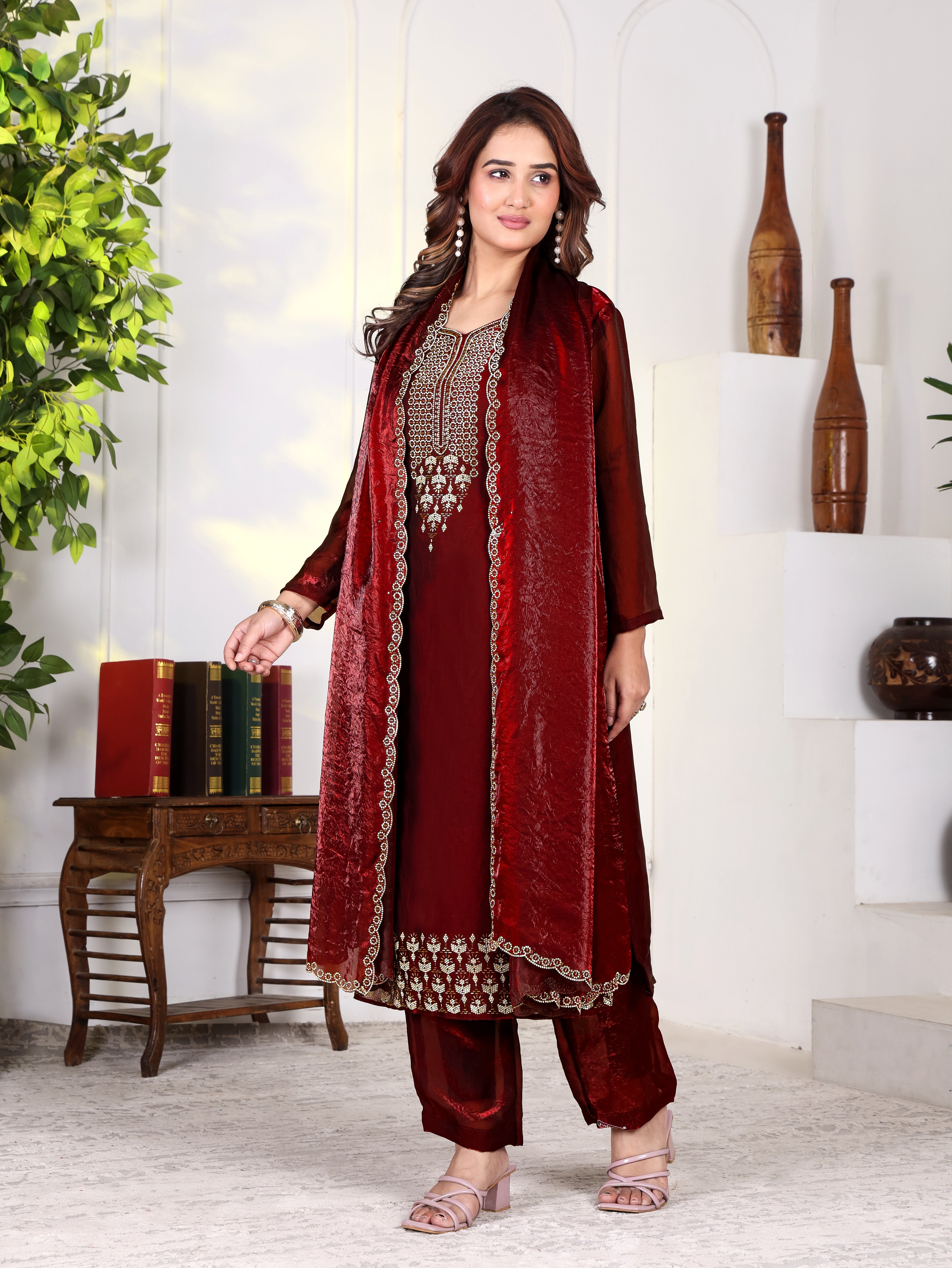 Aakriti - KD001 Maroon Fendy Satin Kurti With Pant & Dupatta
