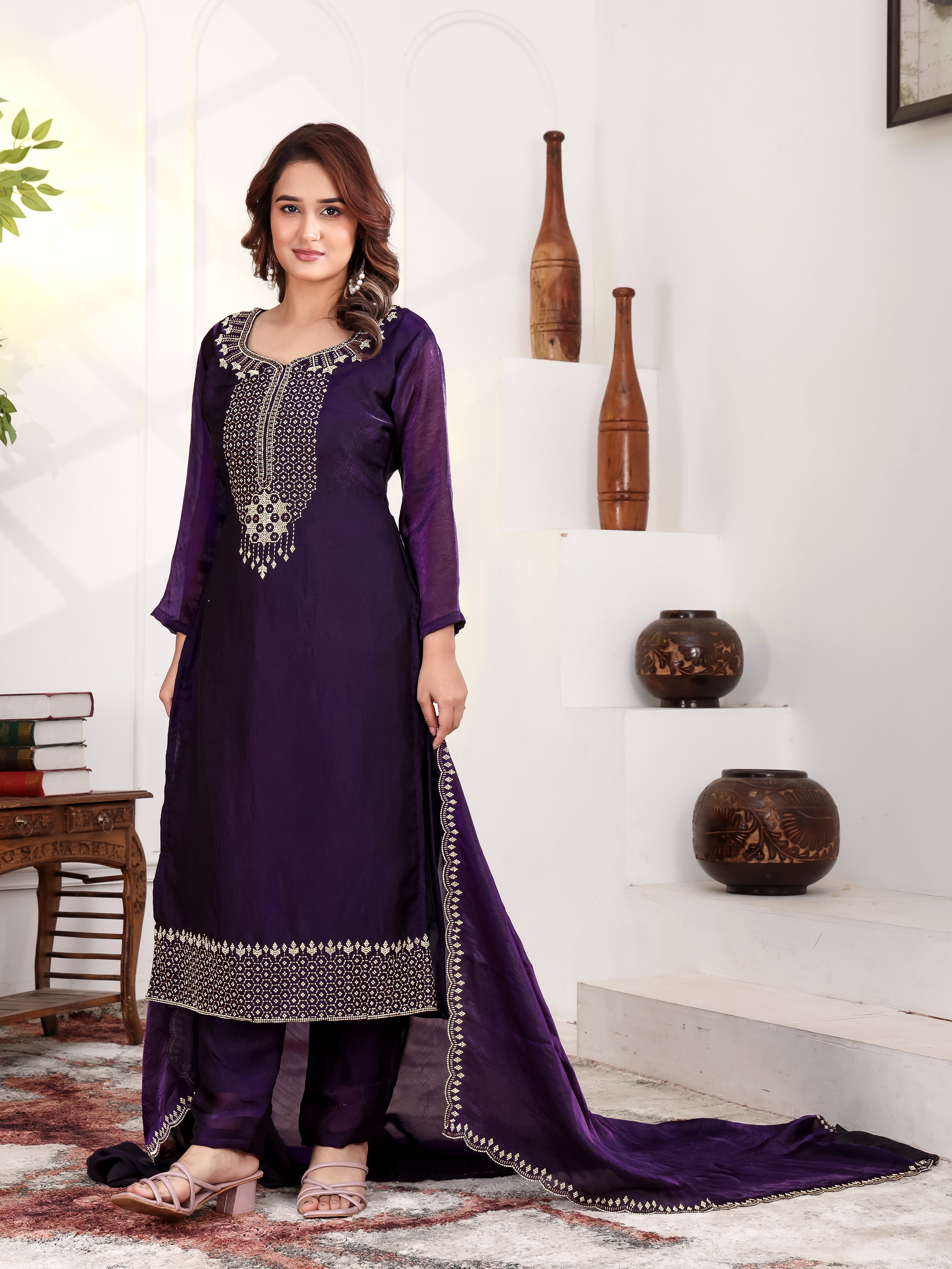 Aira - KD005 Purple Fendy Satin Kurti With Pant & Dupatta