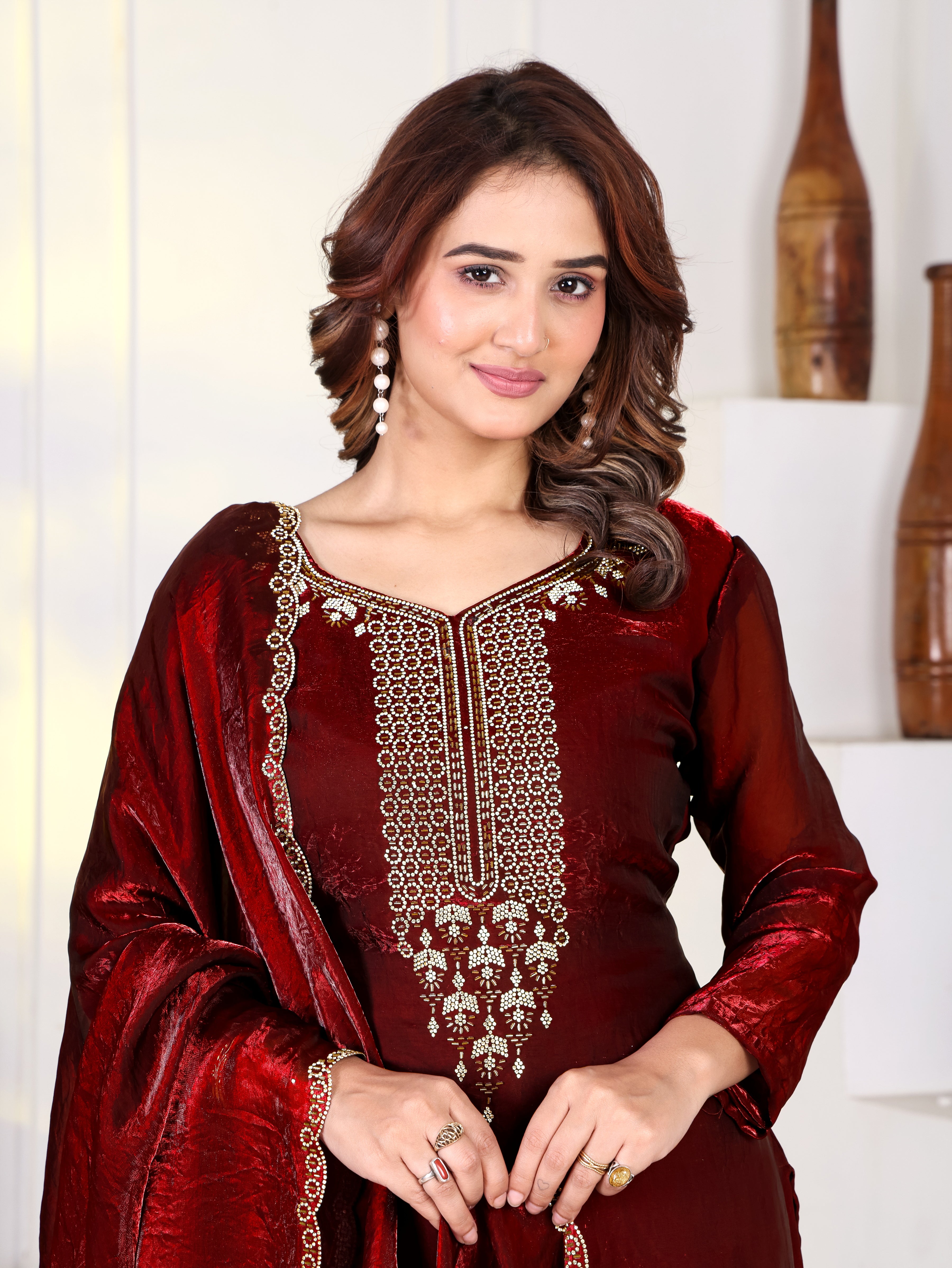 Aakriti - KD001 Maroon Fendy Satin Kurti With Pant & Dupatta