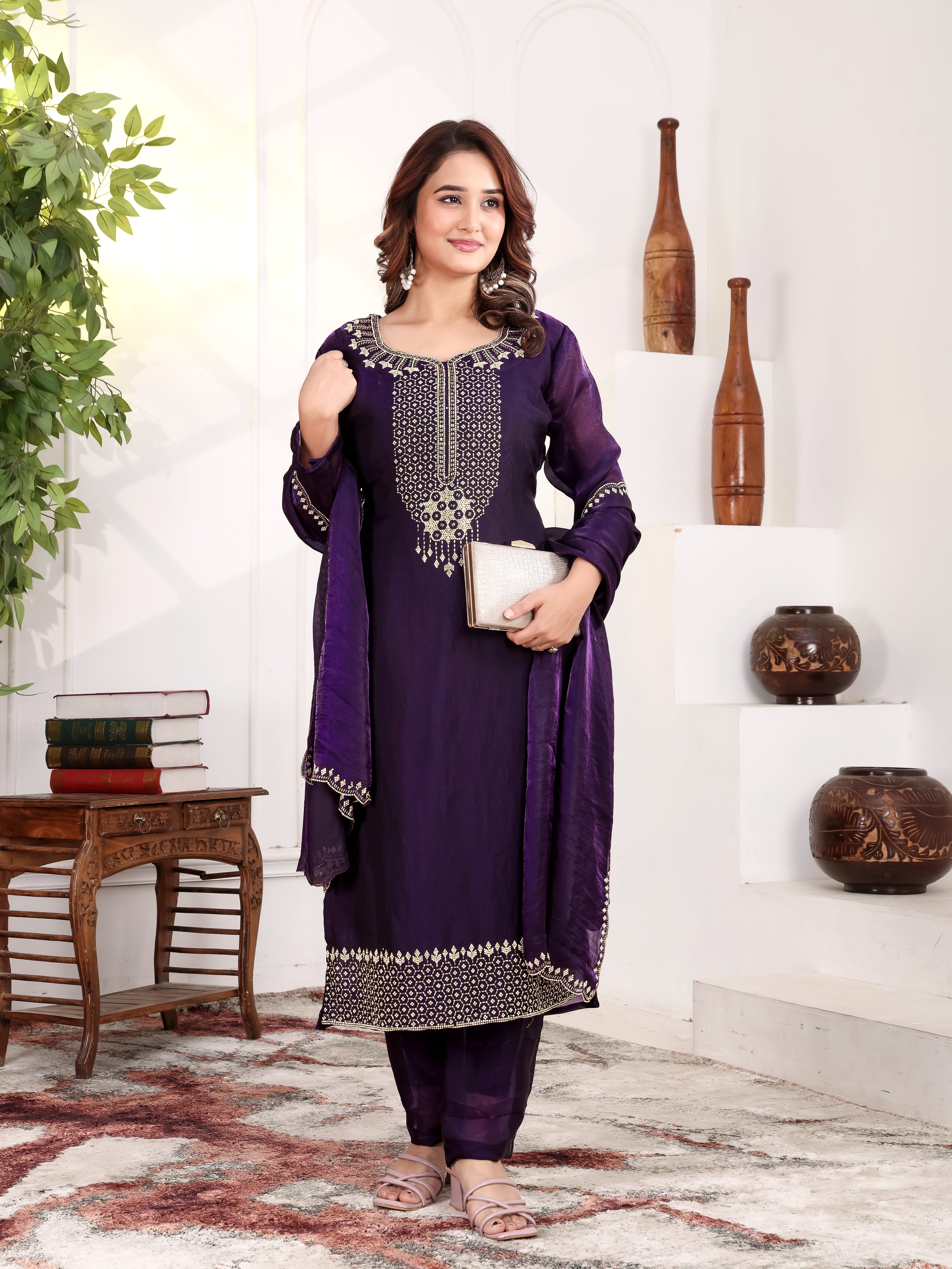 Aira - KD005 Purple Fendy Satin Kurti With Pant & Dupatta