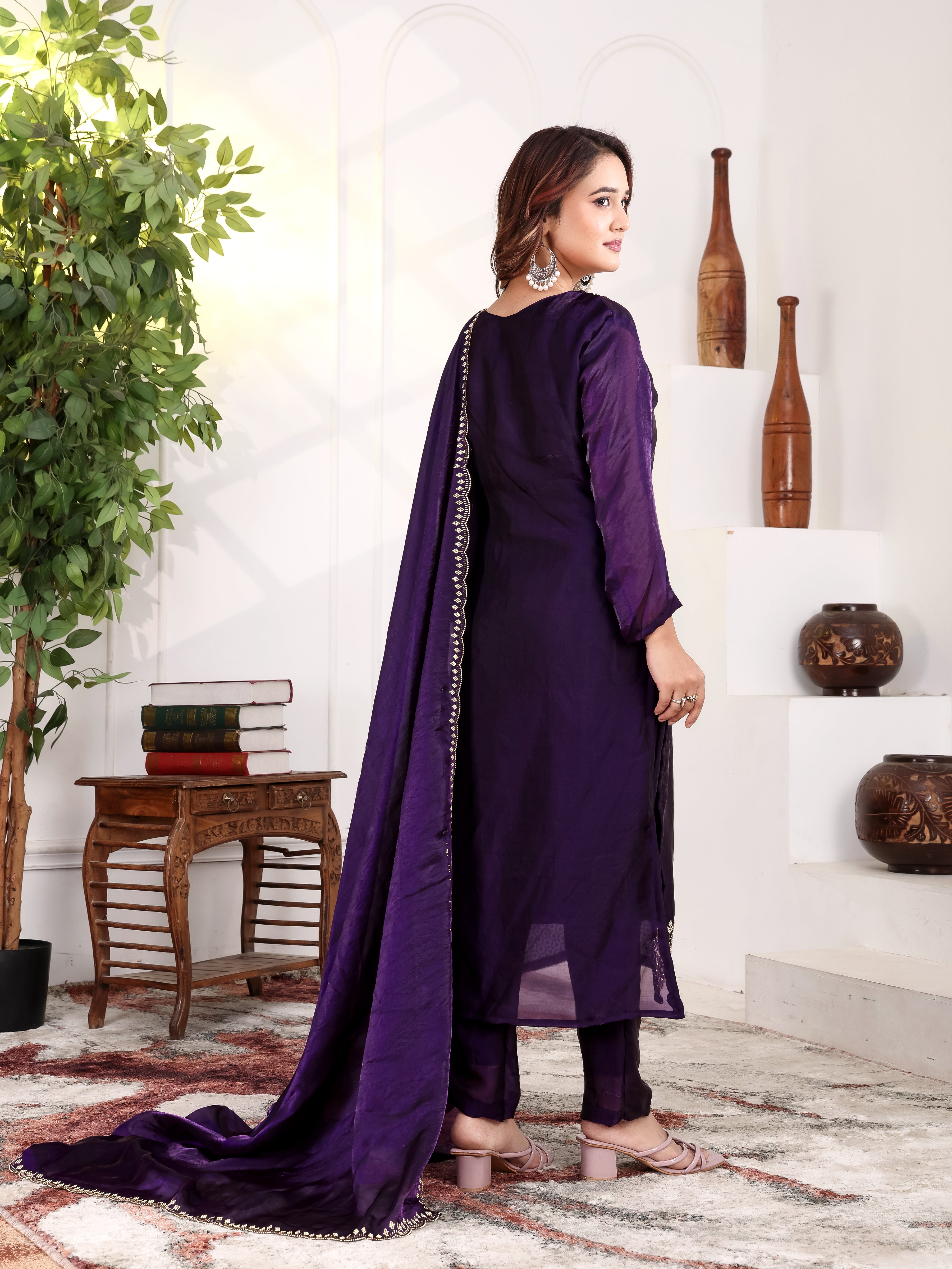 Aira - KD005 Purple Fendy Satin Kurti With Pant & Dupatta