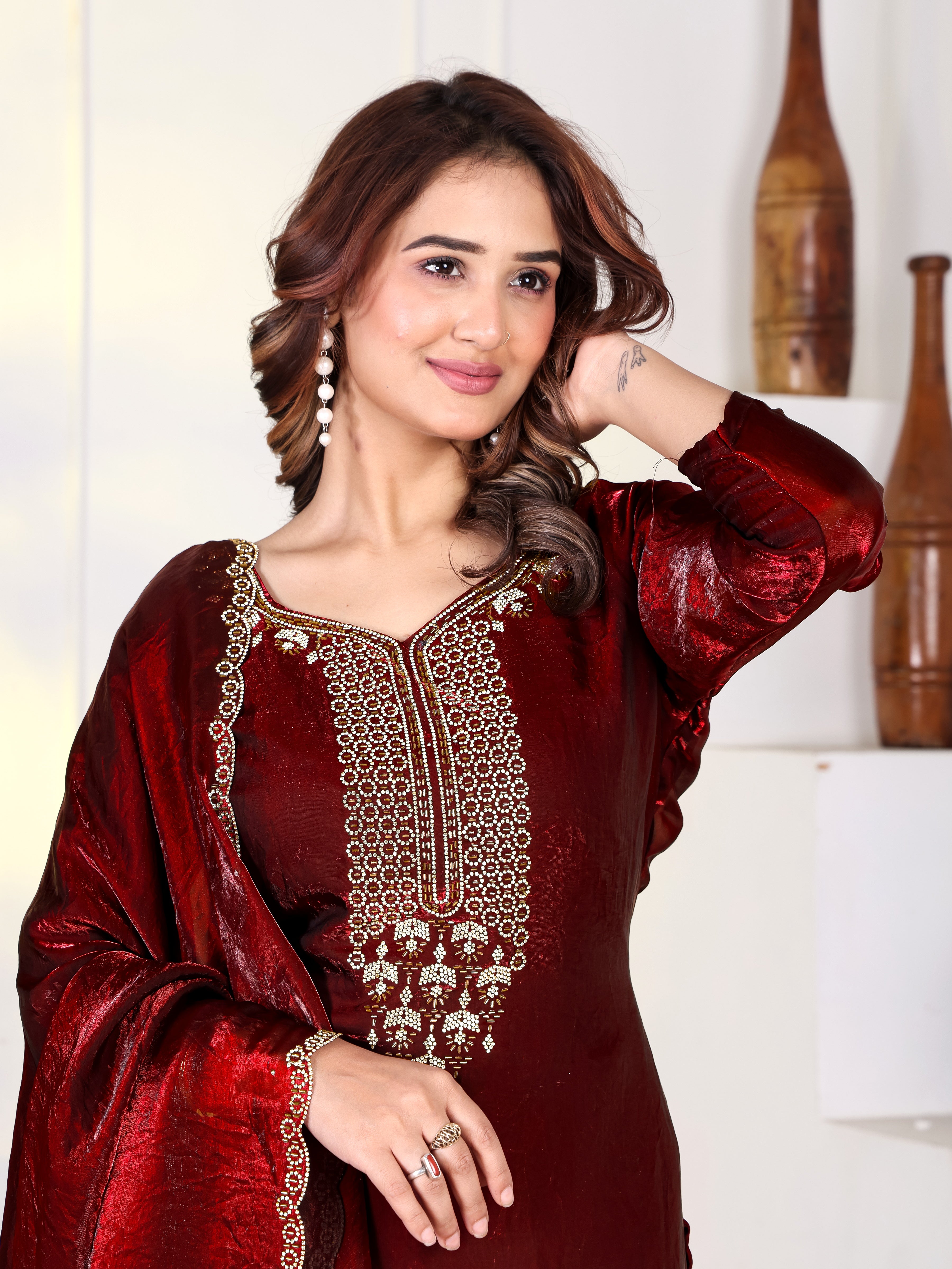 Aakriti - KD001 Maroon Fendy Satin Kurti With Pant & Dupatta