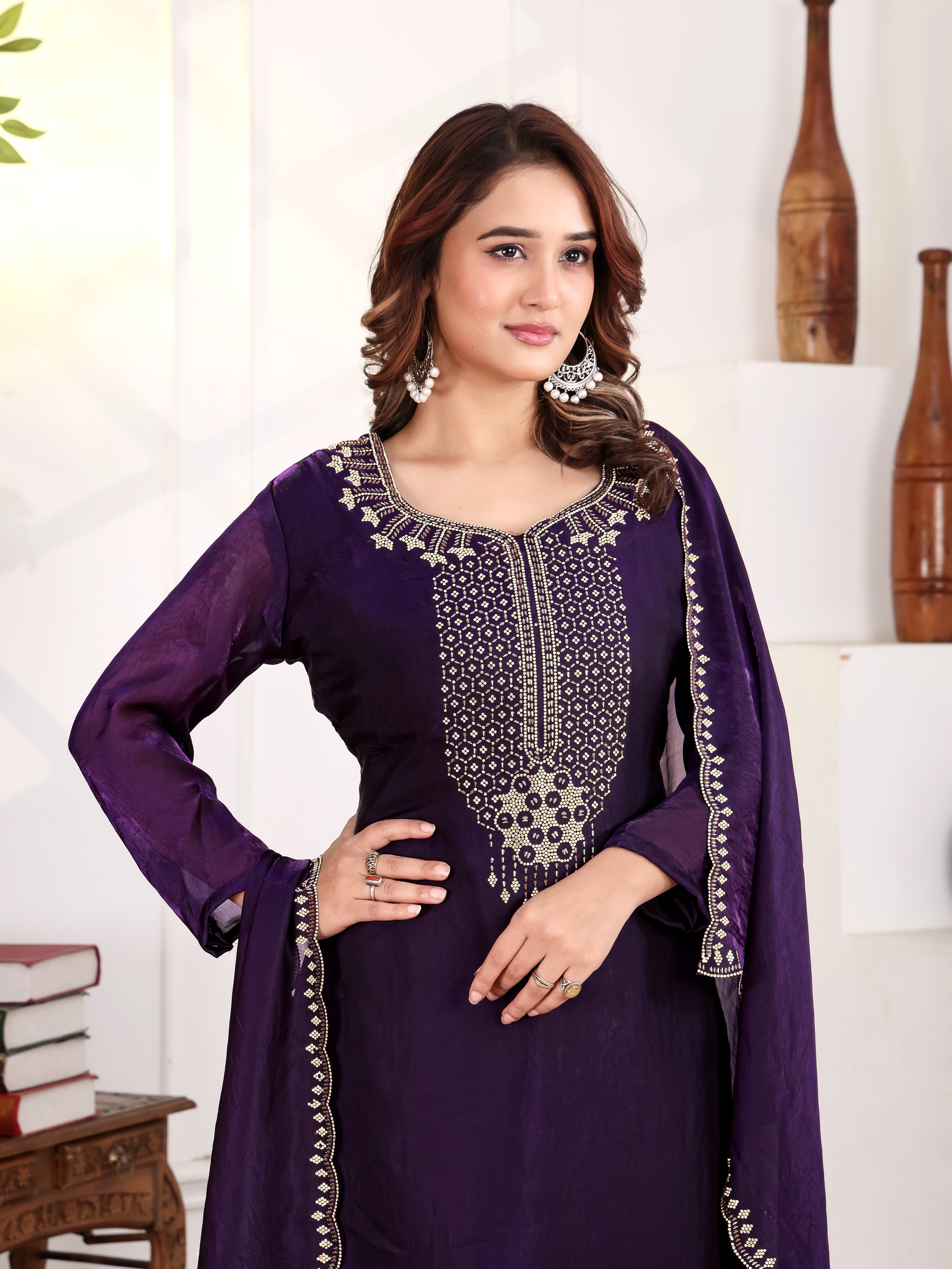 Aira - KD005 Purple Fendy Satin Kurti With Pant & Dupatta