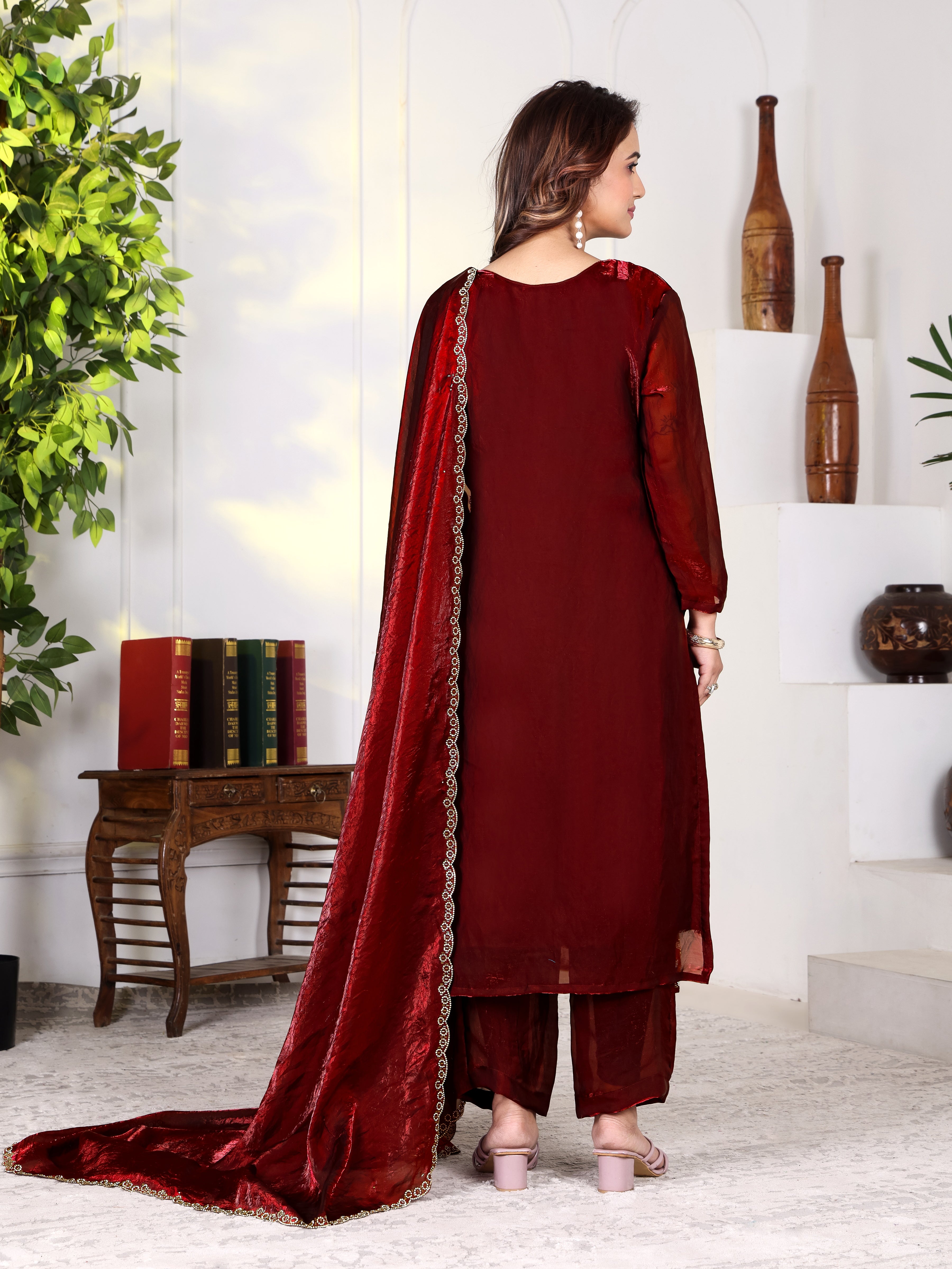 Aakriti - KD001 Maroon Fendy Satin Kurti With Pant & Dupatta