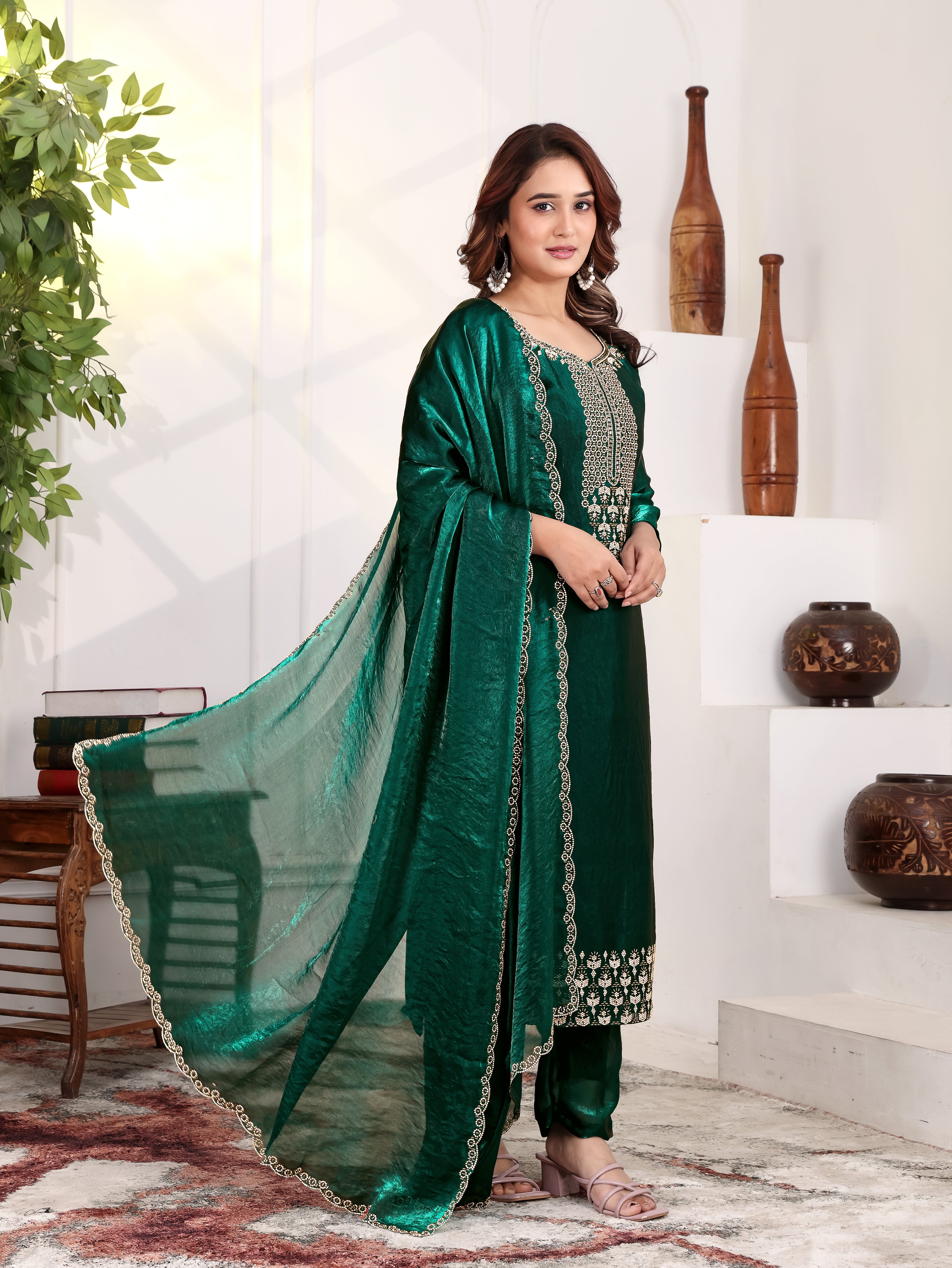 Aakriti - KD003 Green Fendy Satin Kurti With Pant & Dupatta