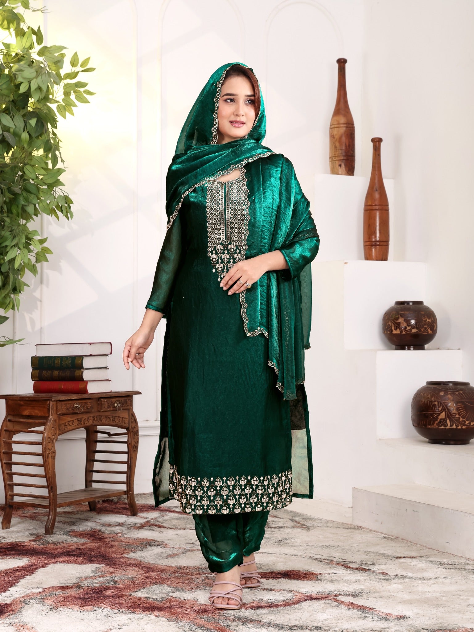 Aakriti - KD003 Green Fendy Satin Kurti With Pant & Dupatta