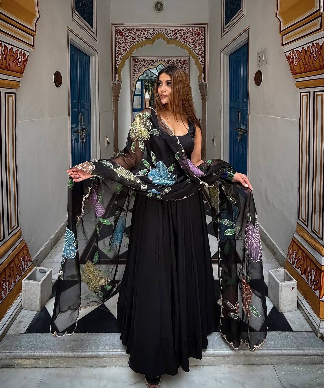 Midnight Elegance Embroidered Anarkali  Black Dress