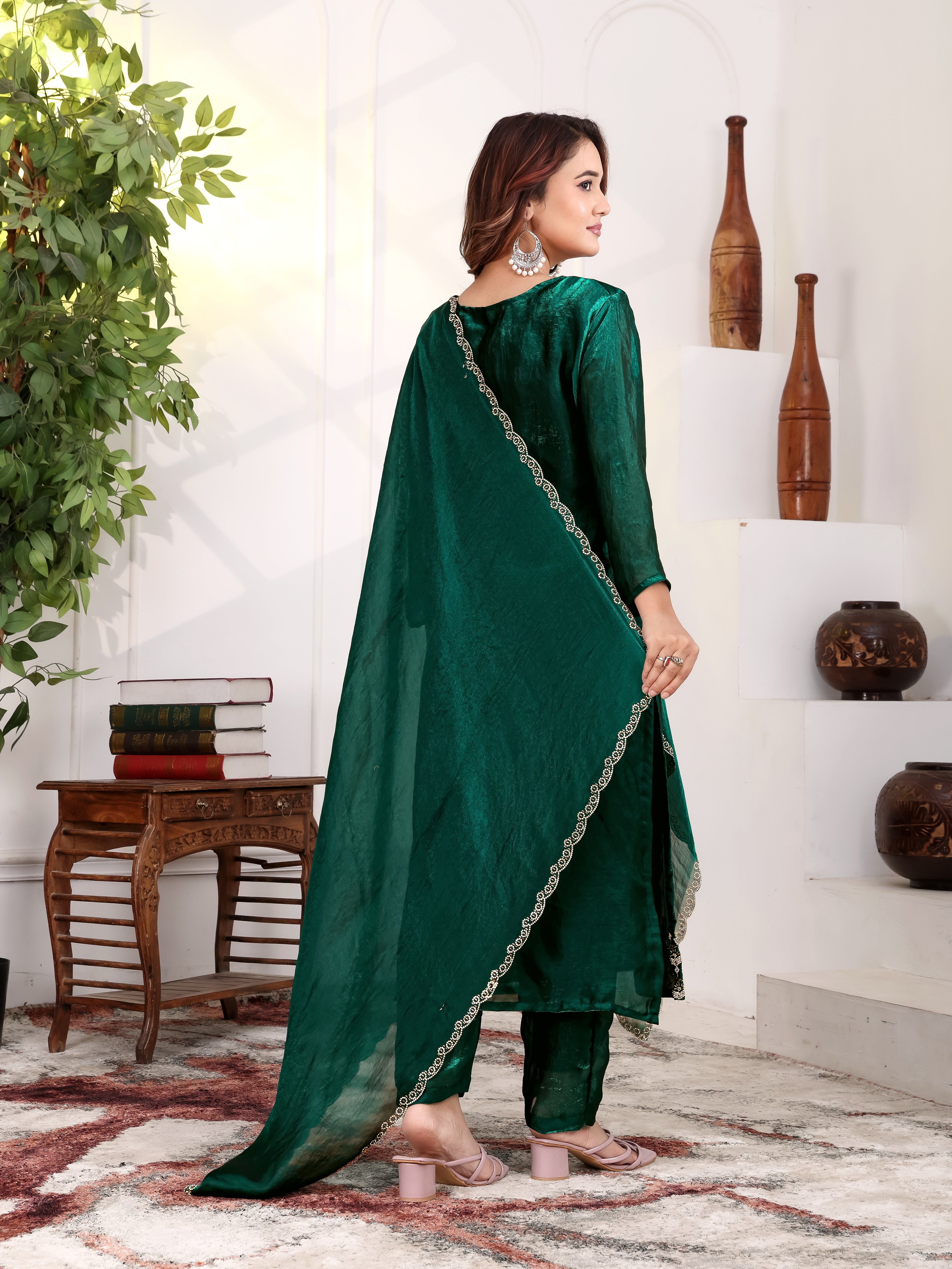 Aakriti - KD003 Green Fendy Satin Kurti With Pant & Dupatta