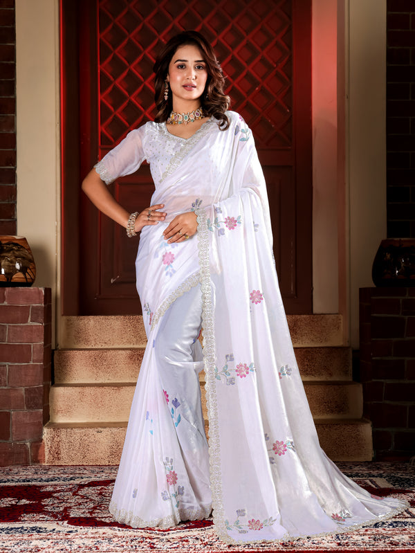 Kiara - KD1001 White Fendy Satin Party Wear Saree