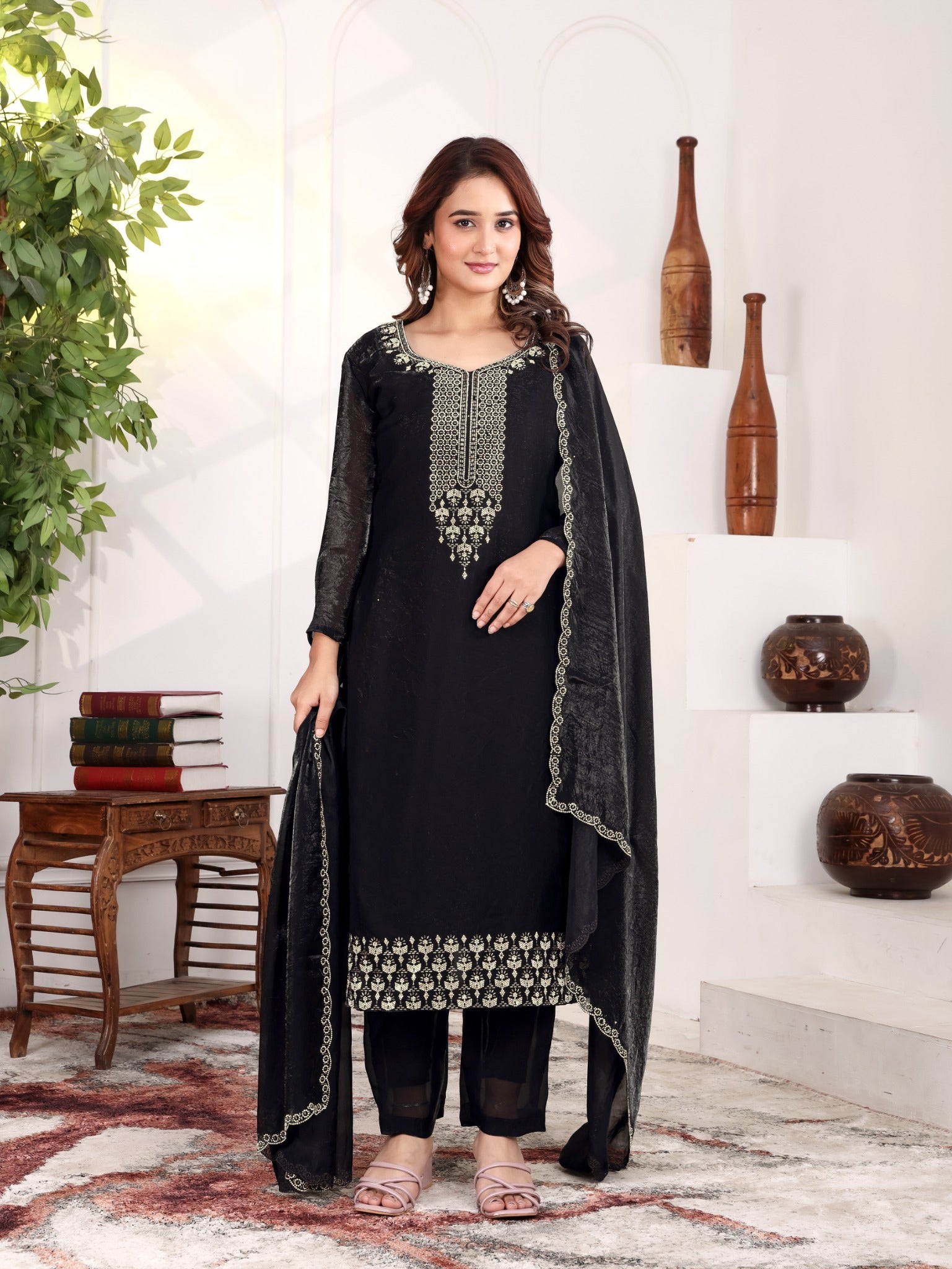 Aakriti - KD004 Black Fendy Satin Kurti With Pant & Dupatta