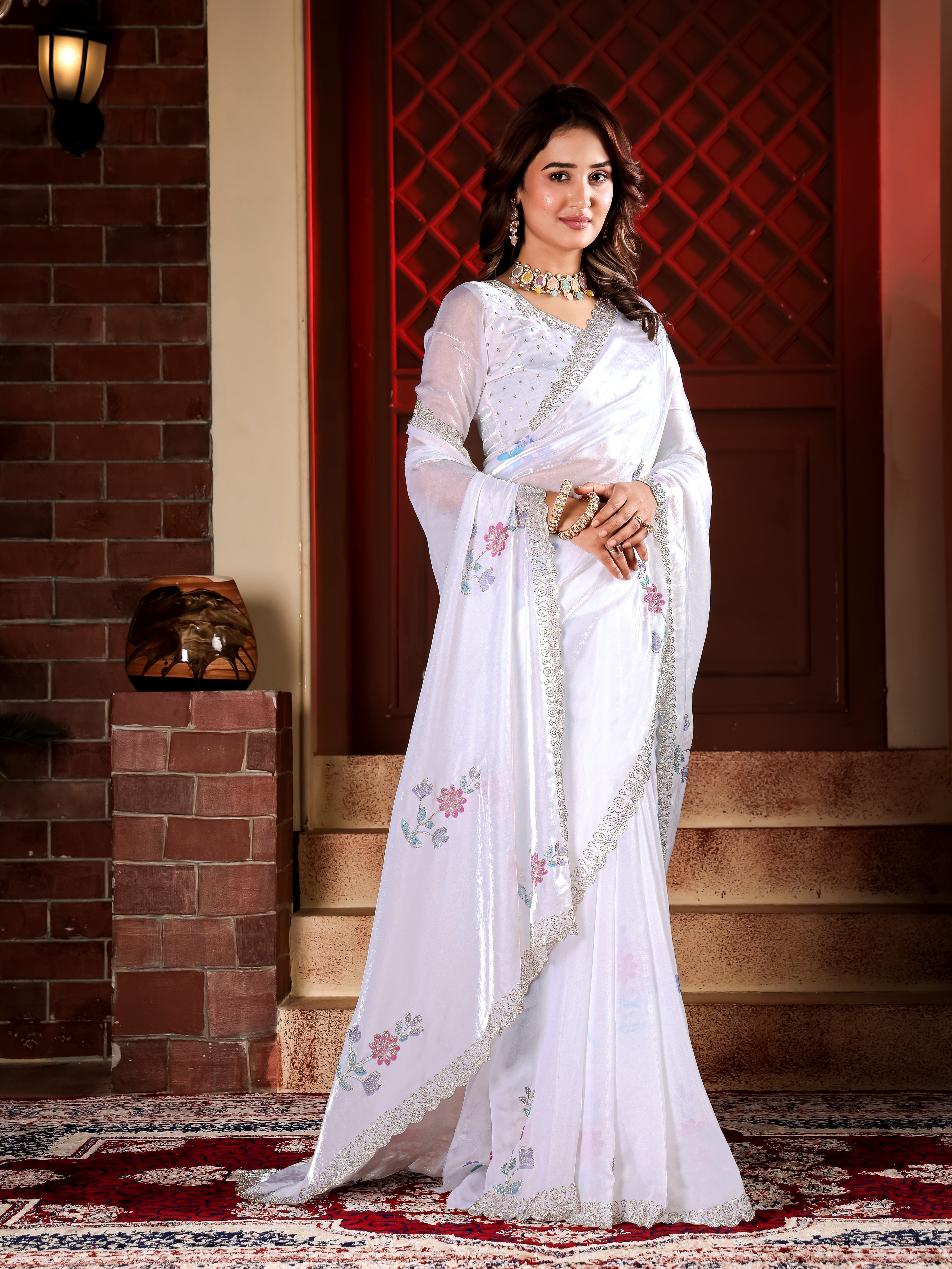 Kiara - KD1001 White Fendy Satin Party Wear Saree