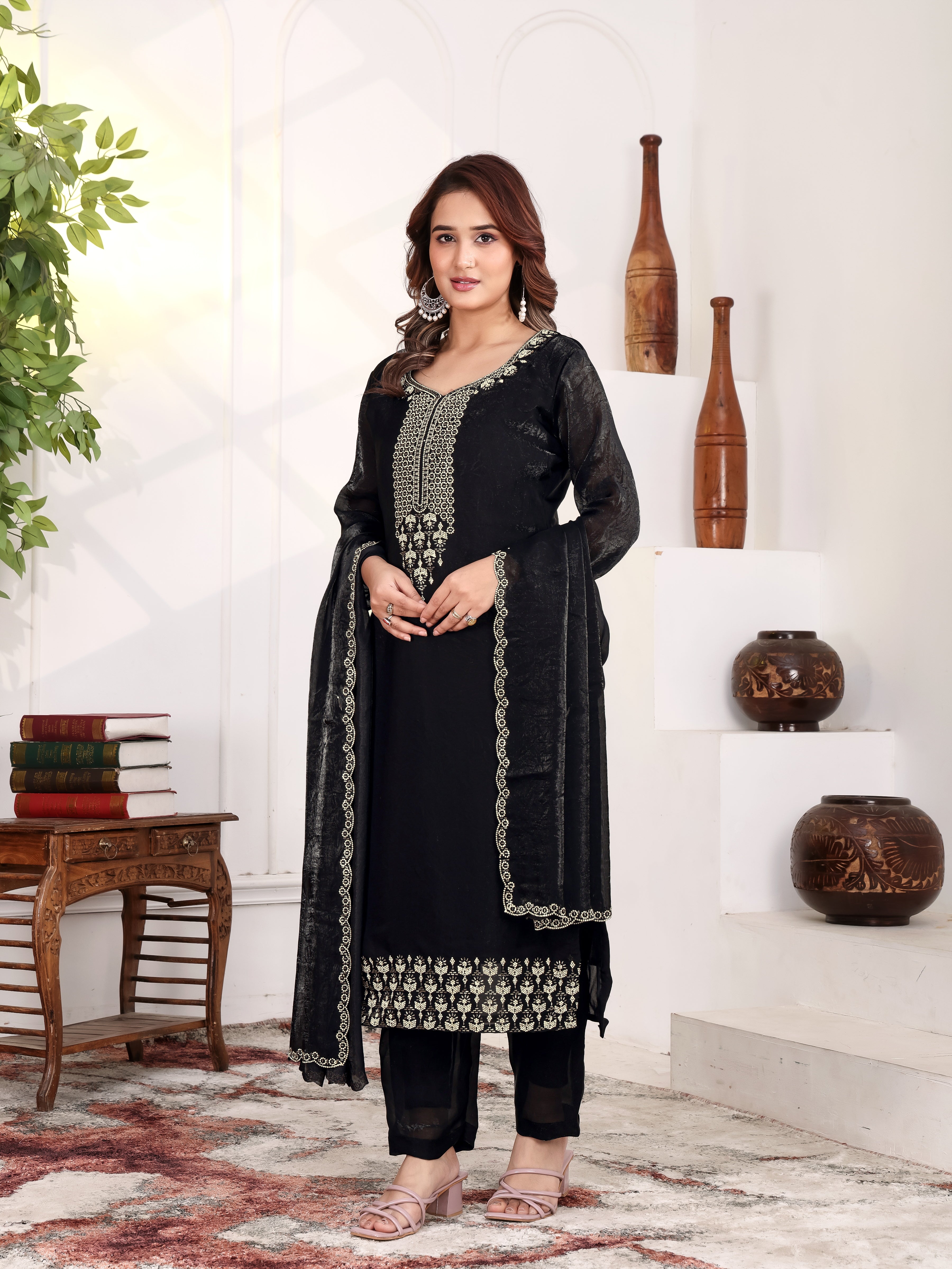 Aakriti - KD004 Black Fendy Satin Kurti With Pant & Dupatta