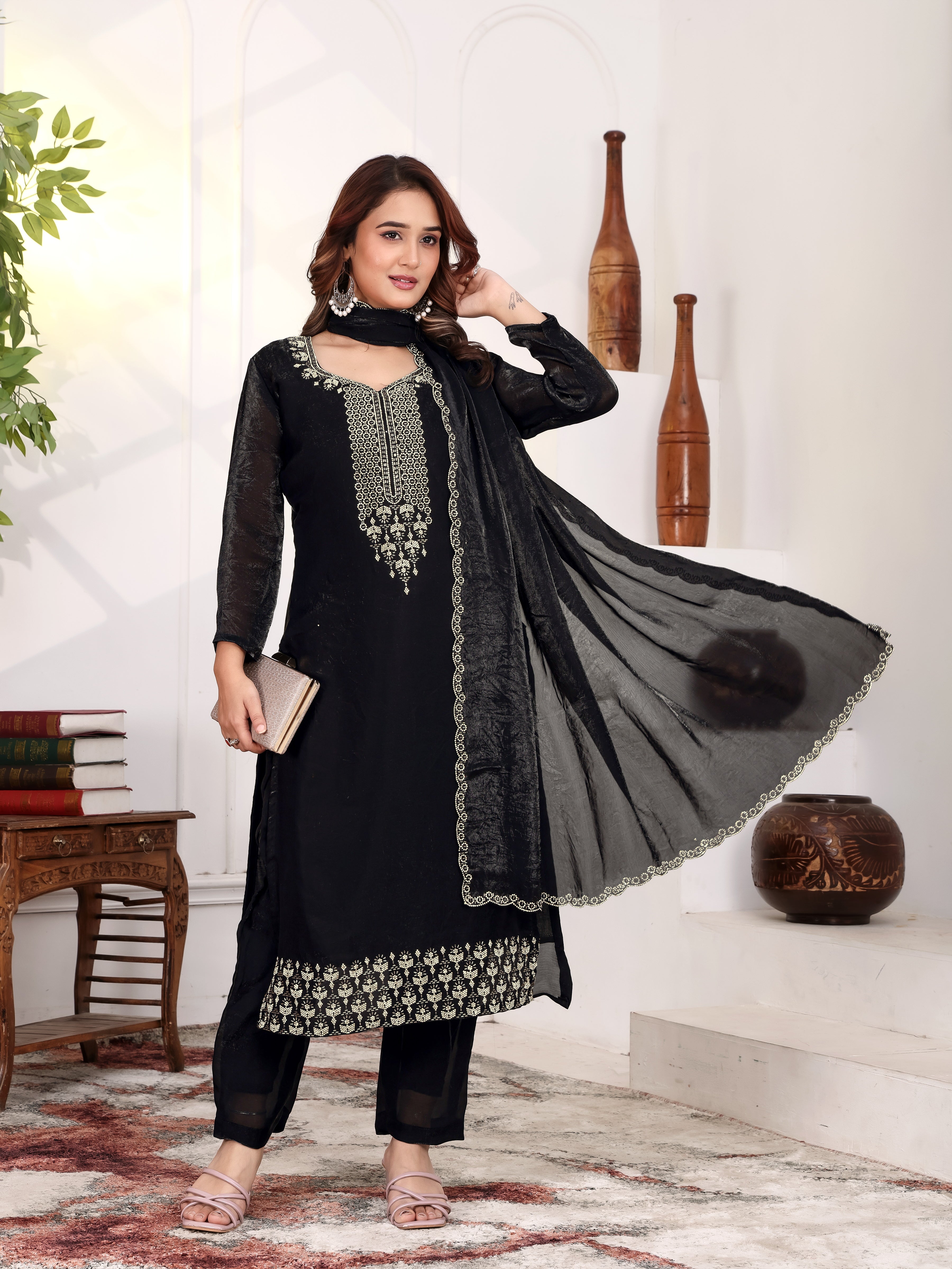Aakriti - KD004 Black Fendy Satin Kurti With Pant & Dupatta