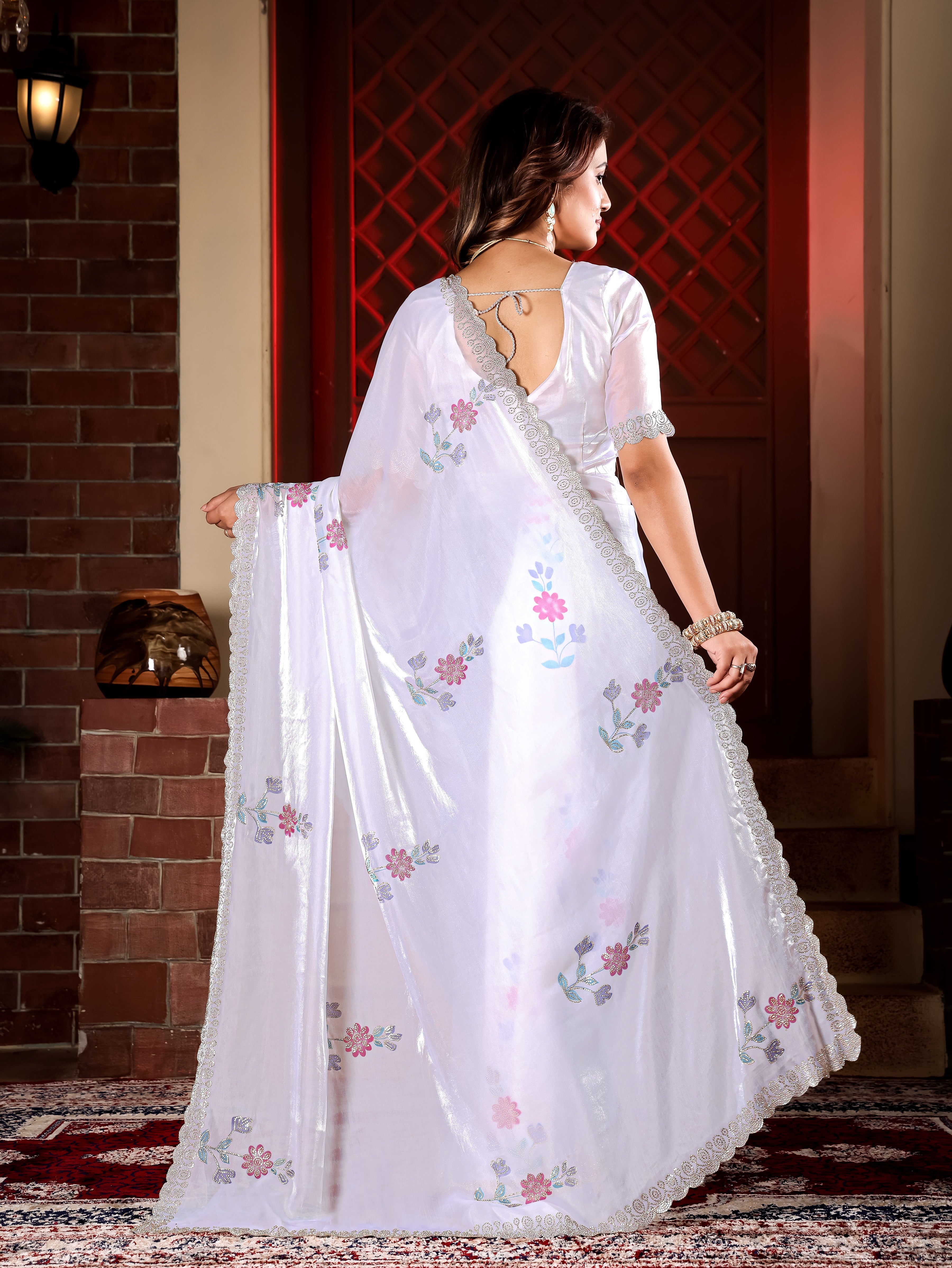 Kiara - KD1001 White Fendy Satin Party Wear Saree
