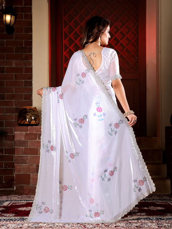 Kiara - KD1001 White Fendy Satin Party Wear Saree