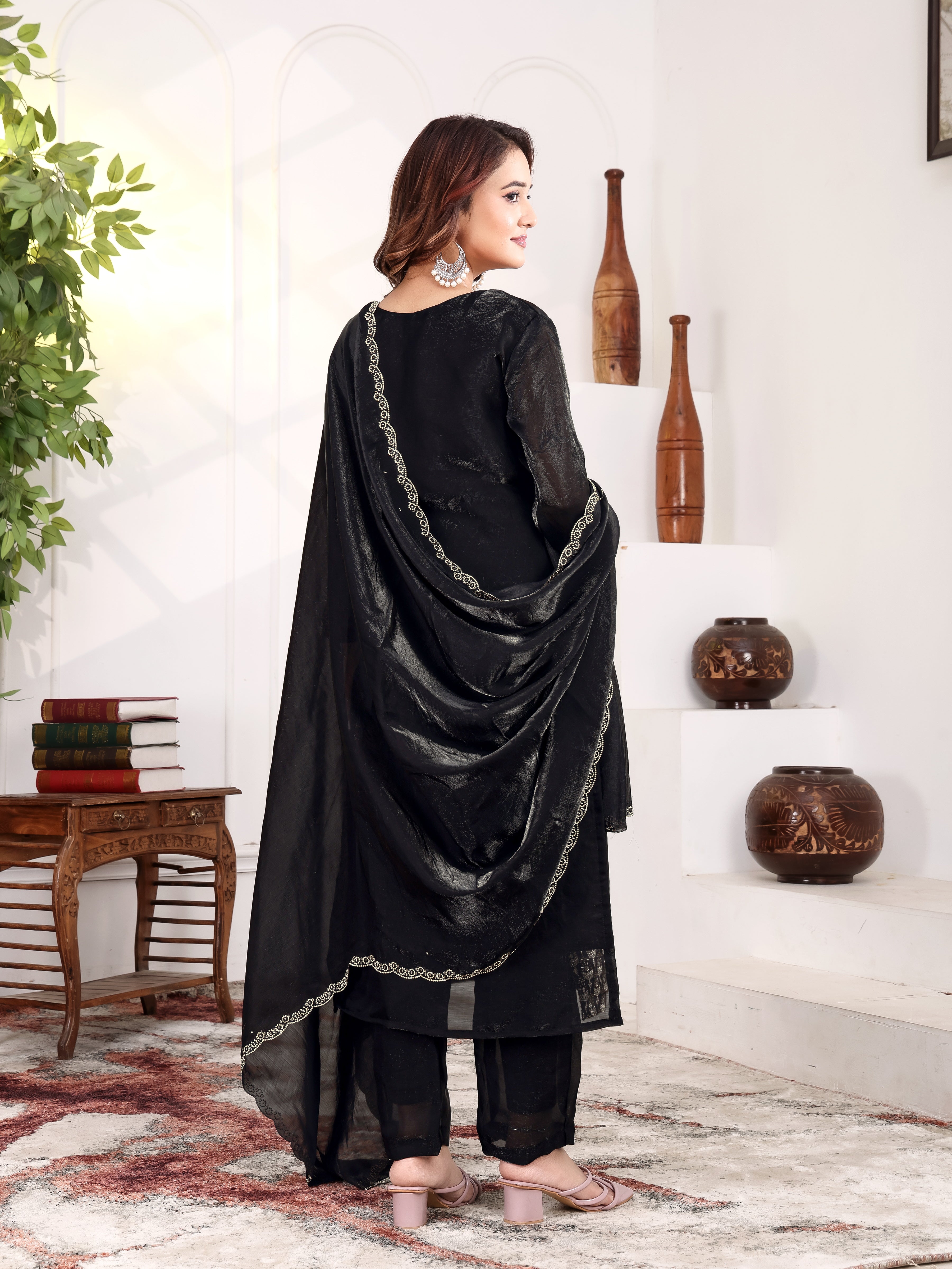 Aakriti - KD004 Black Fendy Satin Kurti With Pant & Dupatta