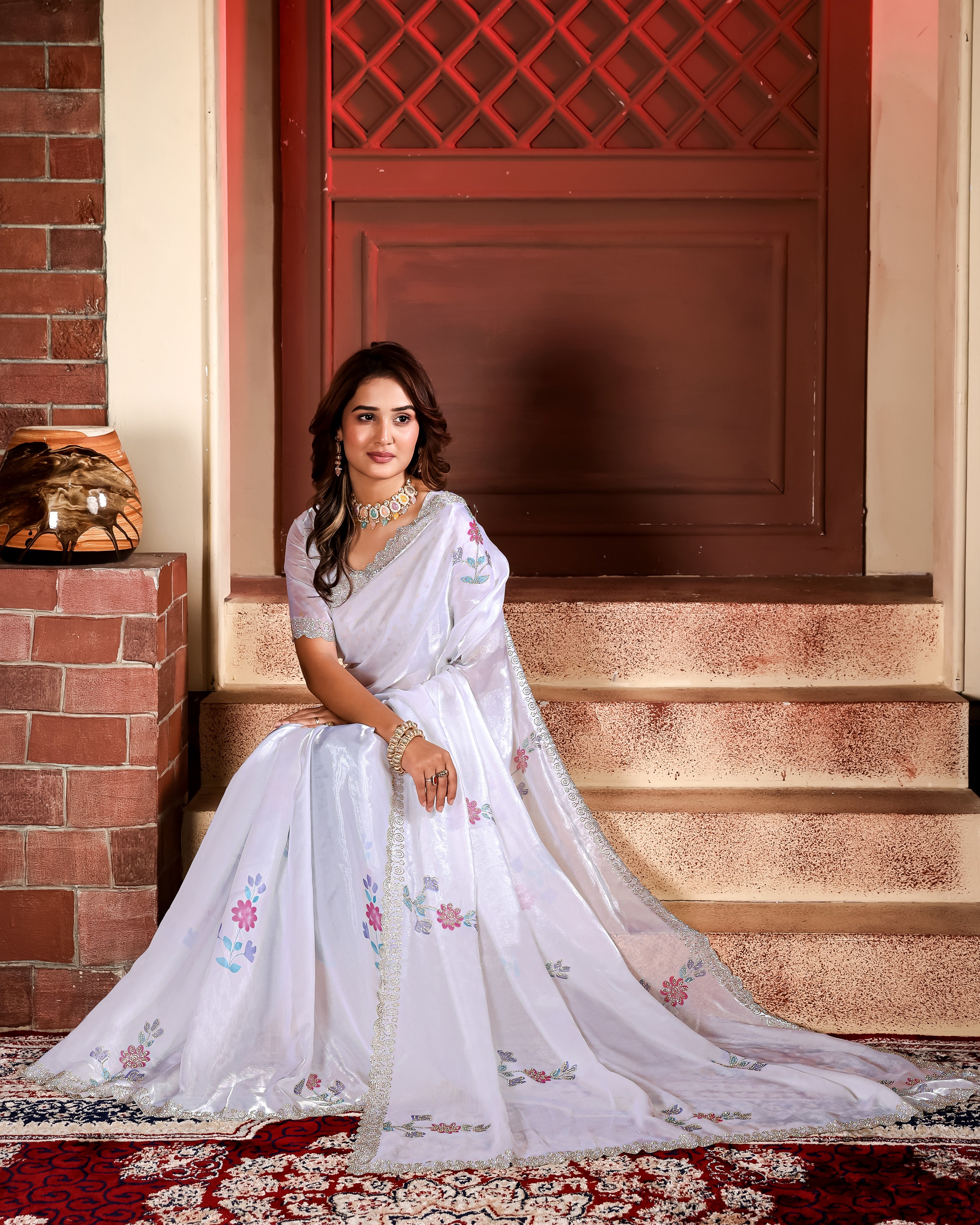Kiara - KD1001 White Fendy Satin Party Wear Saree