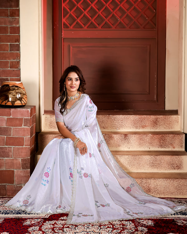 Kiara - KD1001 White Fendy Satin Party Wear Saree