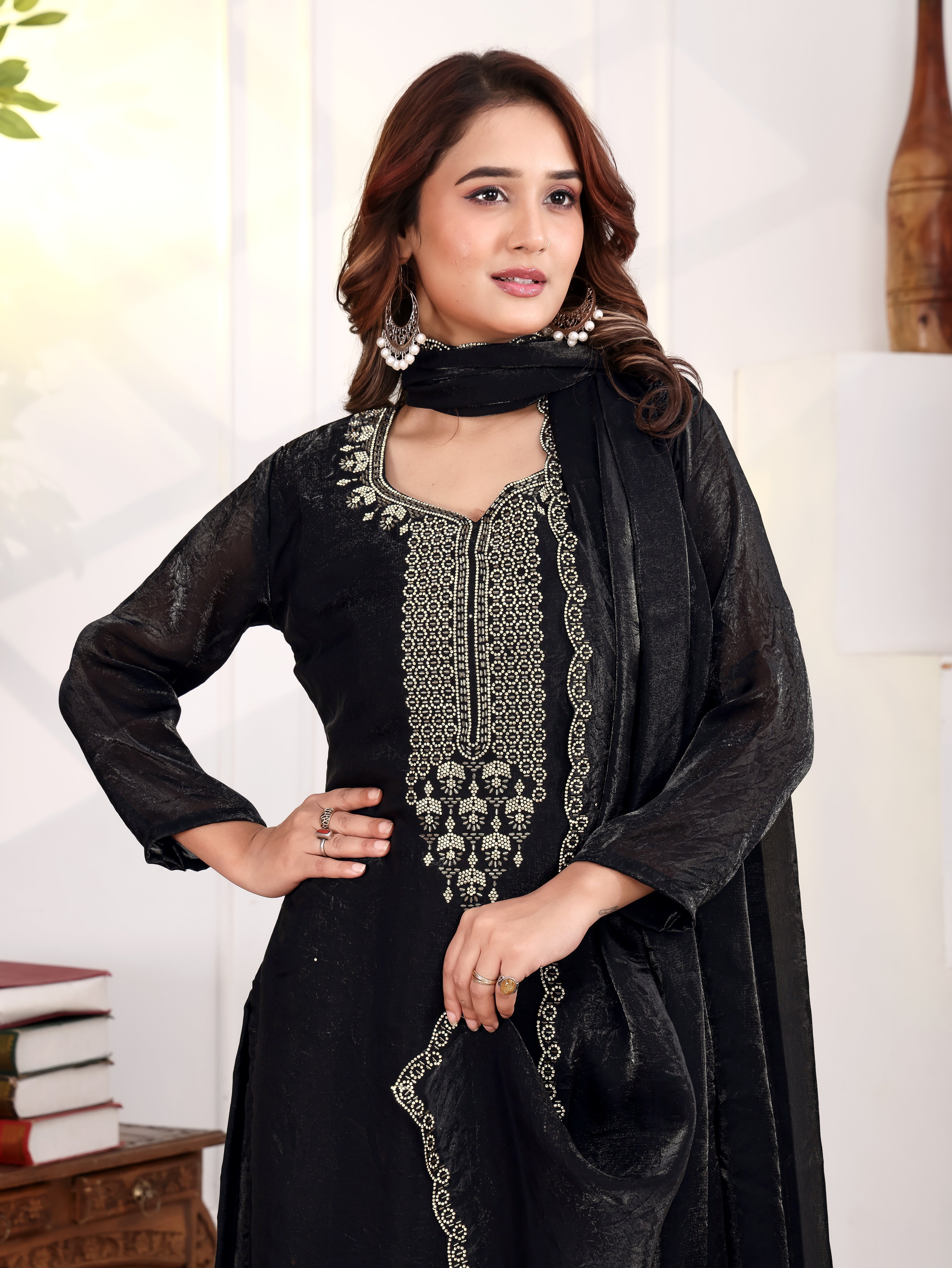 Aakriti - KD004 Black Fendy Satin Kurti With Pant & Dupatta