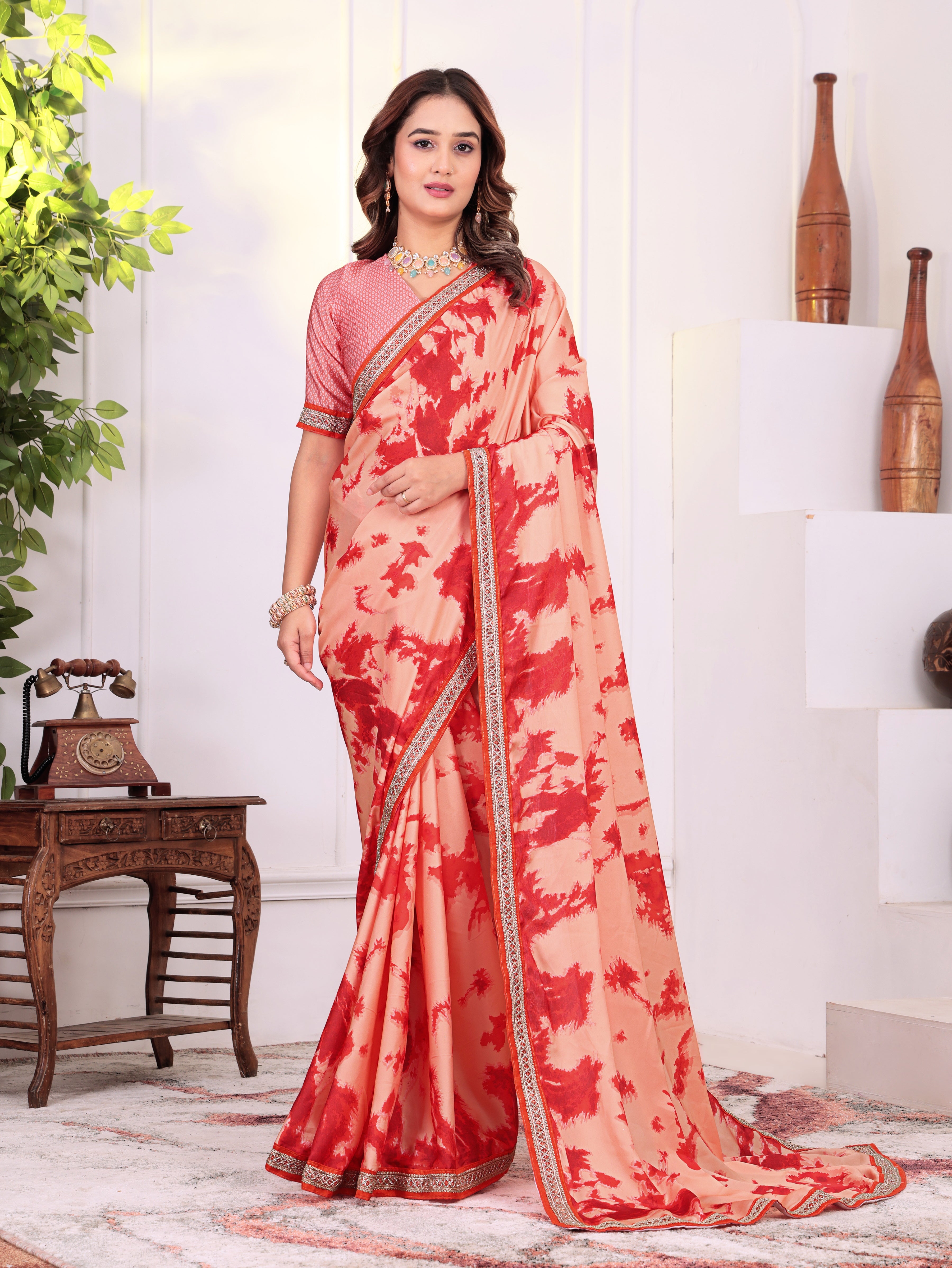 Peach Ruby Blossom Printed KD001 Saree
