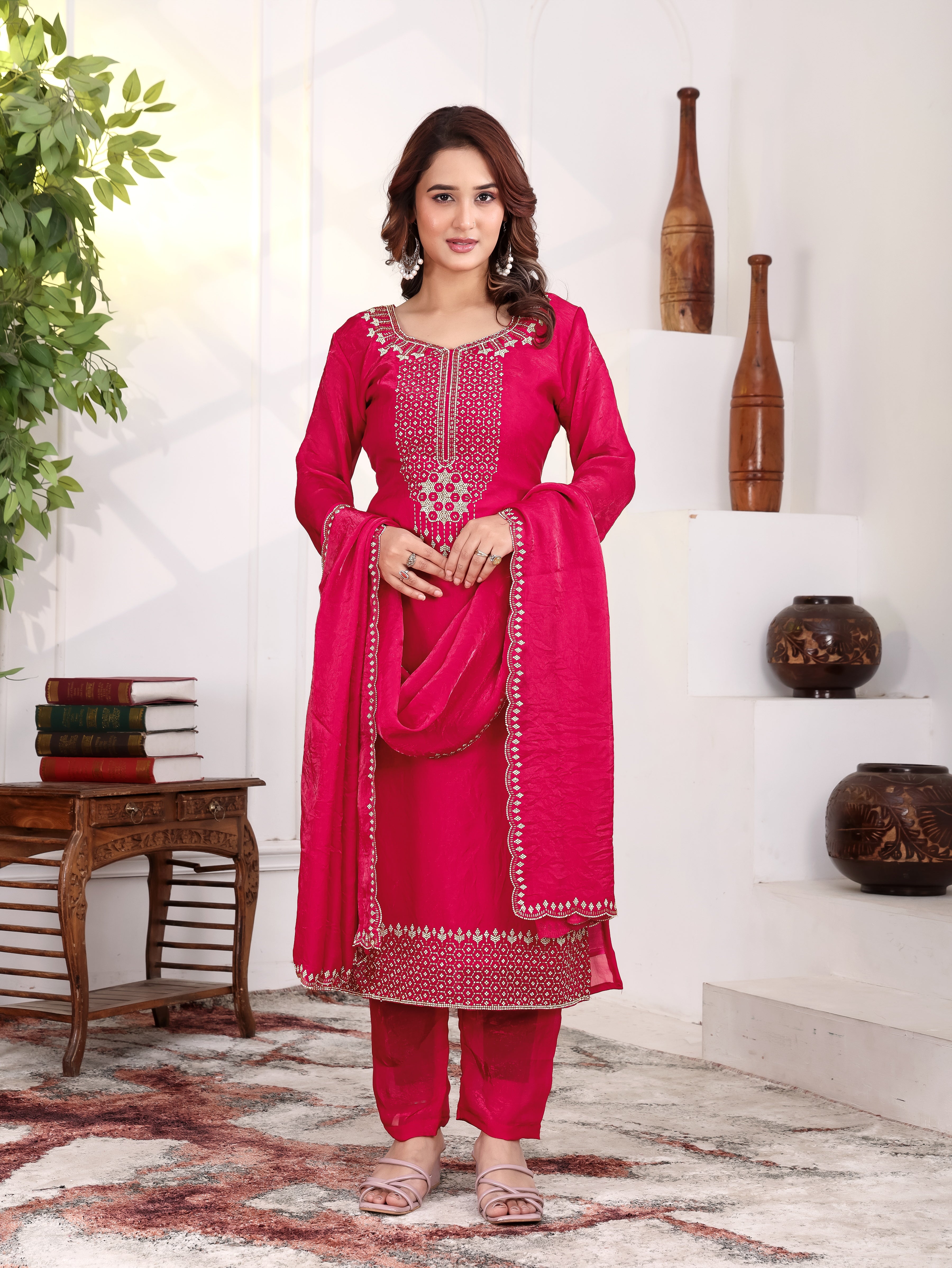 Aira - KD002 Pink Fendy Satin Kurti With Pant & Dupatta
