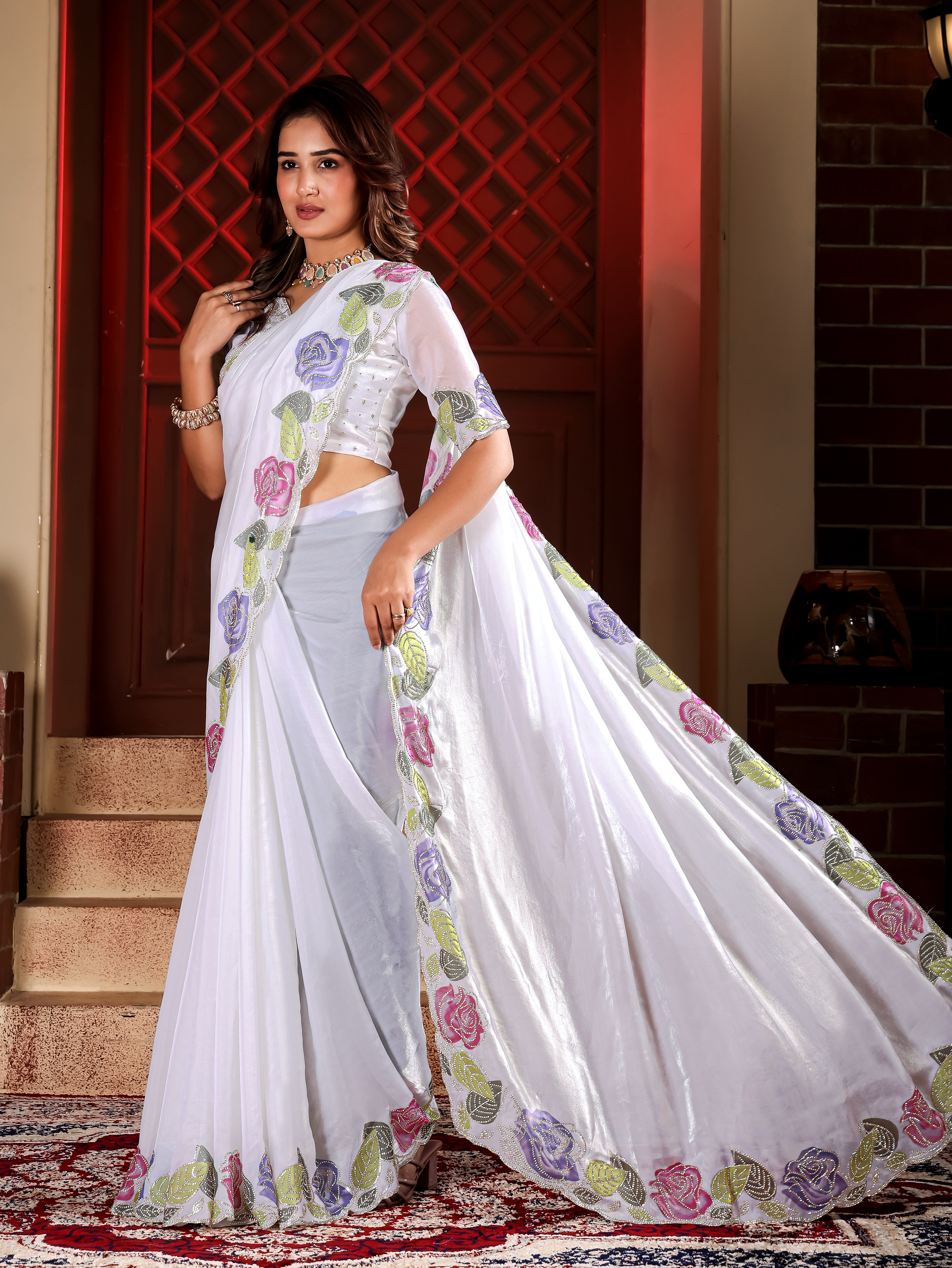 Kiara - KD1003 White Fendy Satin Party Wear Saree