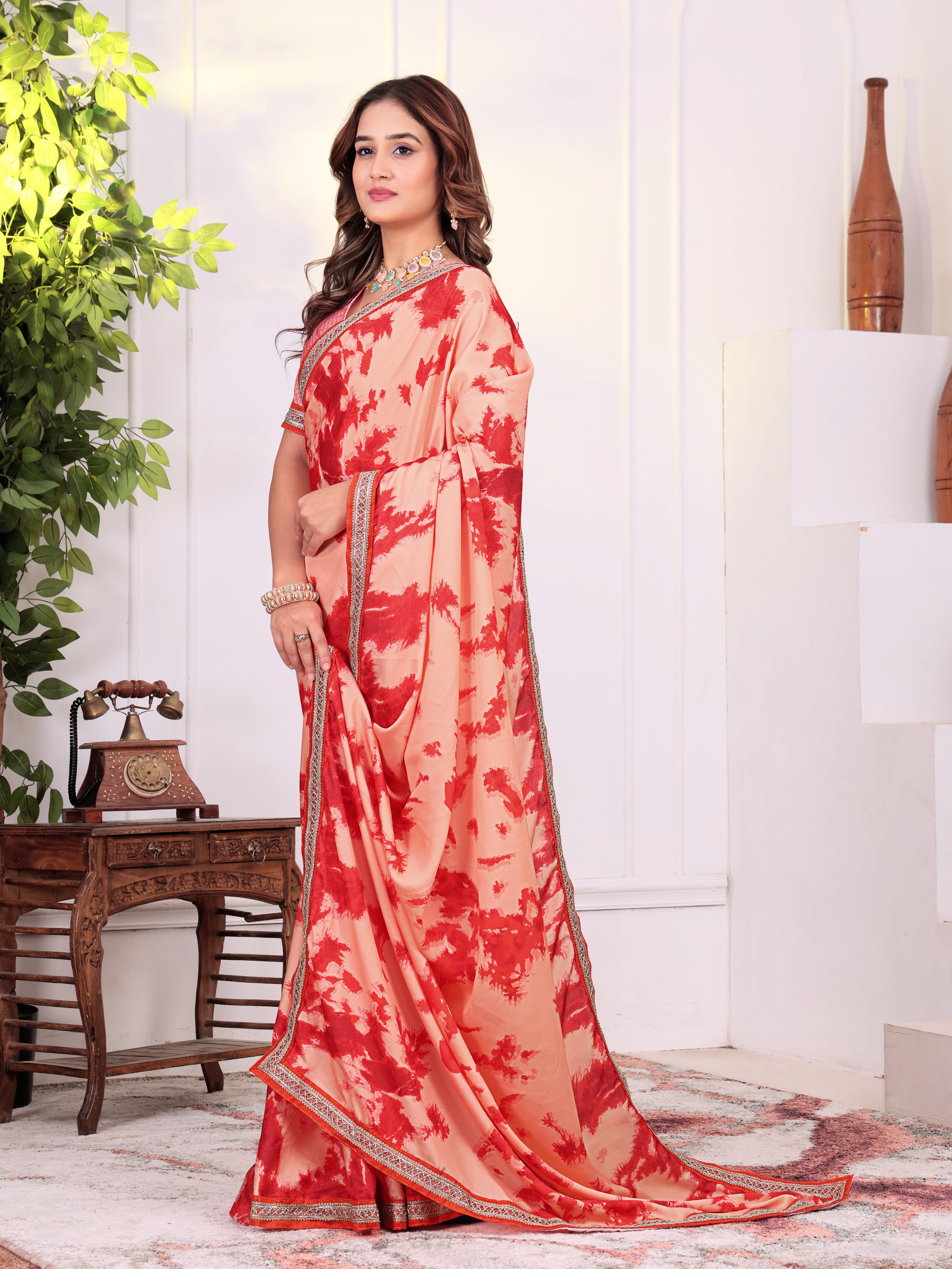 Peach Ruby Blossom Printed KD001 Saree