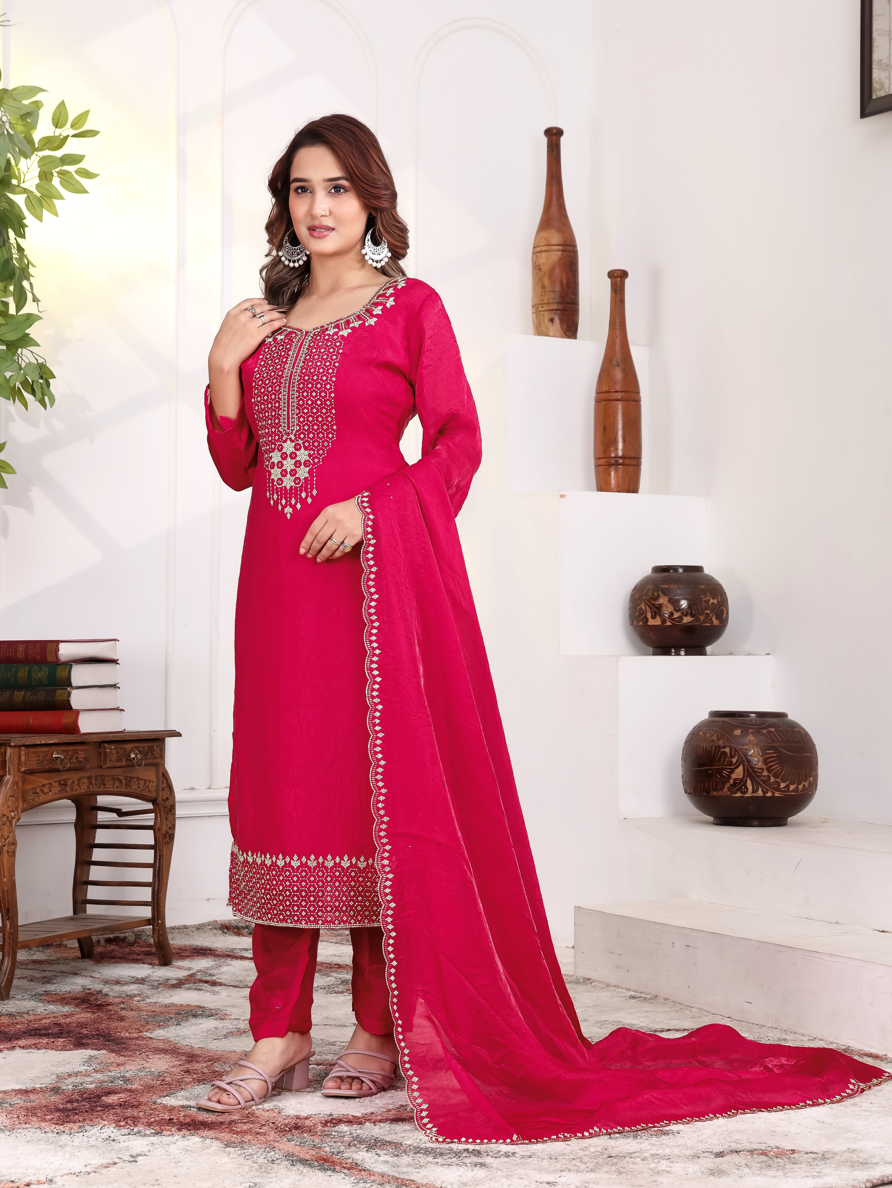 Aira - KD002 Pink Fendy Satin Kurti With Pant & Dupatta