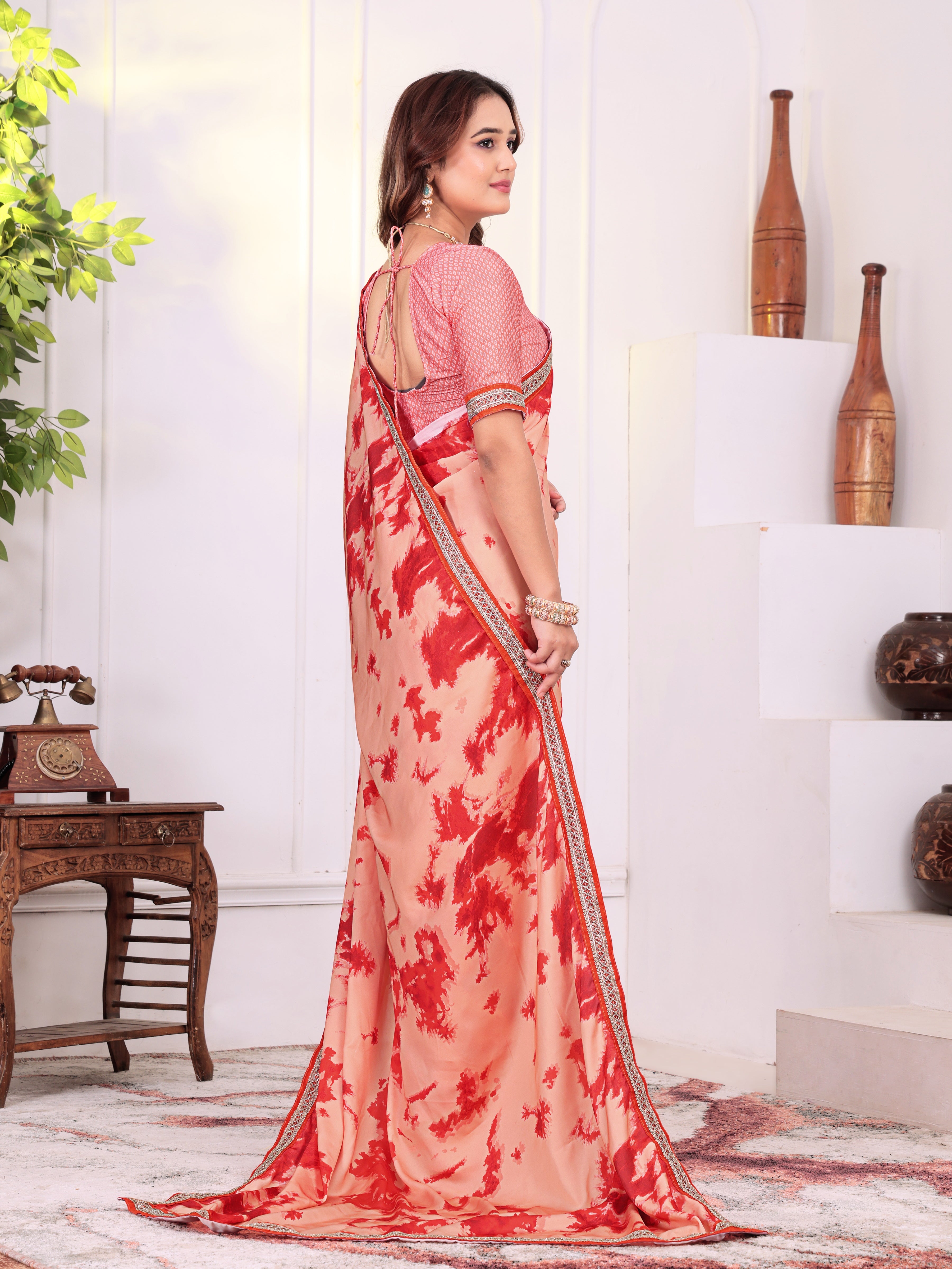 Peach Ruby Blossom Printed KD001 Saree