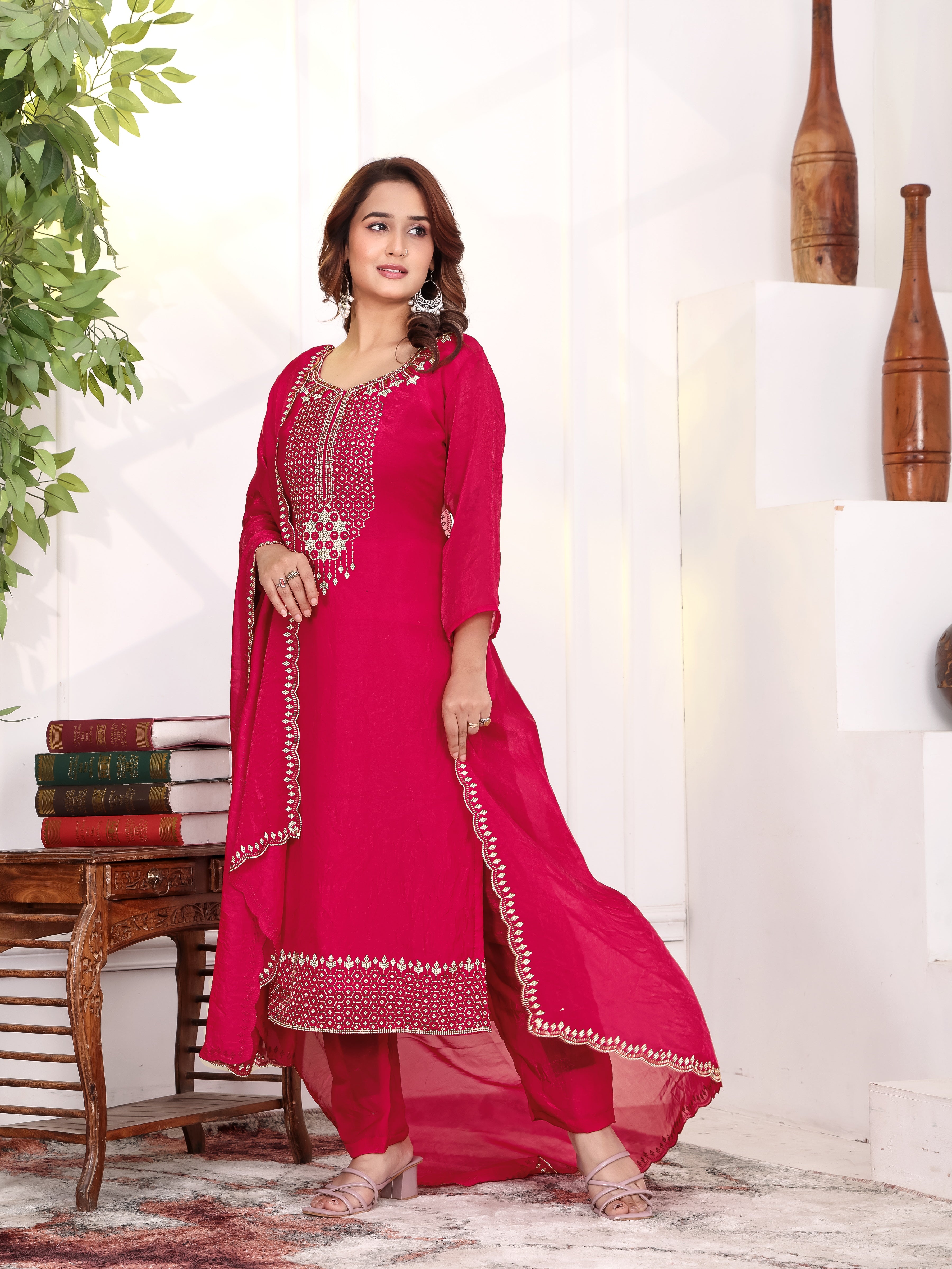 Aira - KD002 Pink Fendy Satin Kurti With Pant & Dupatta
