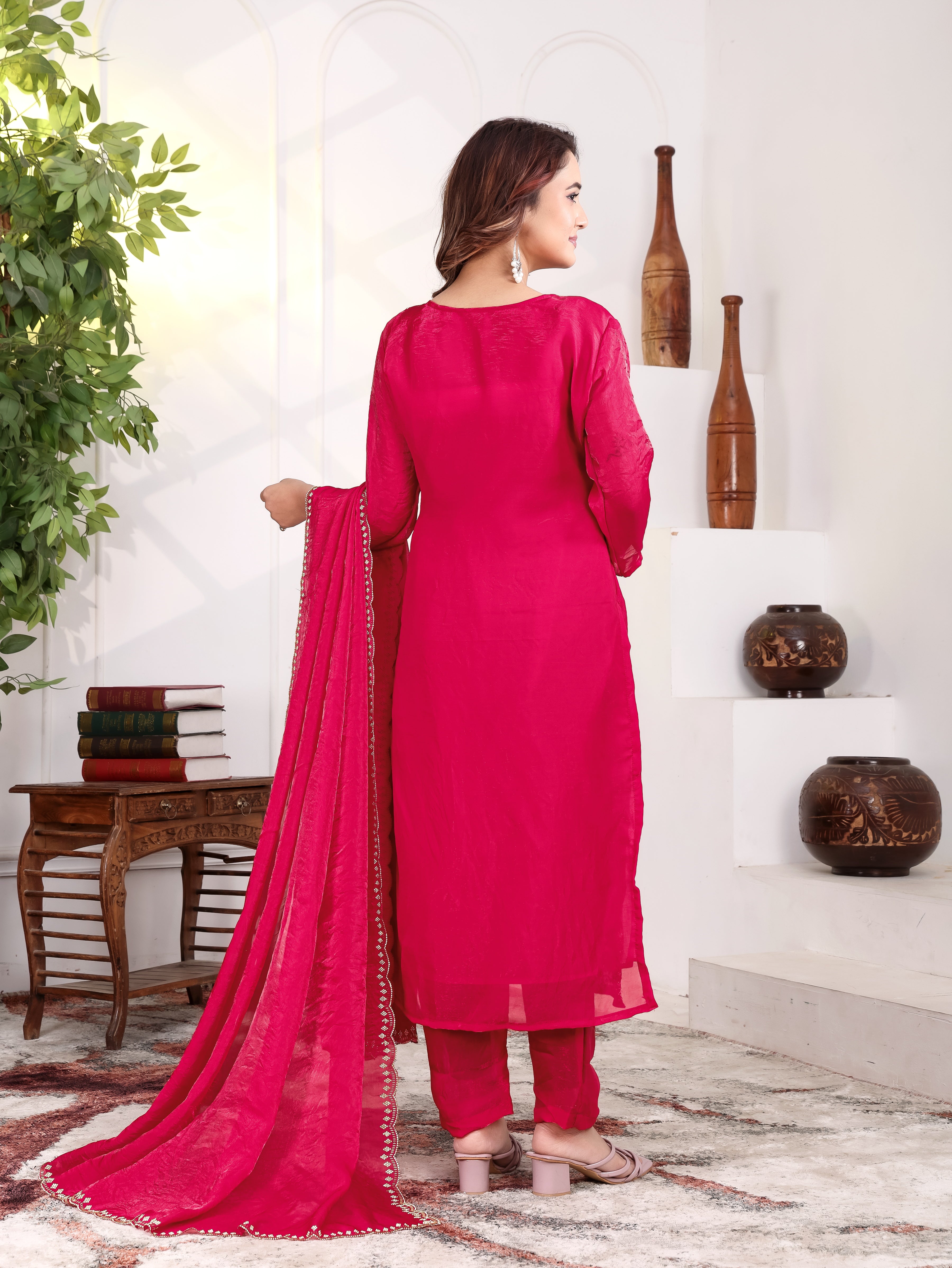 Aira - KD002 Pink Fendy Satin Kurti With Pant & Dupatta