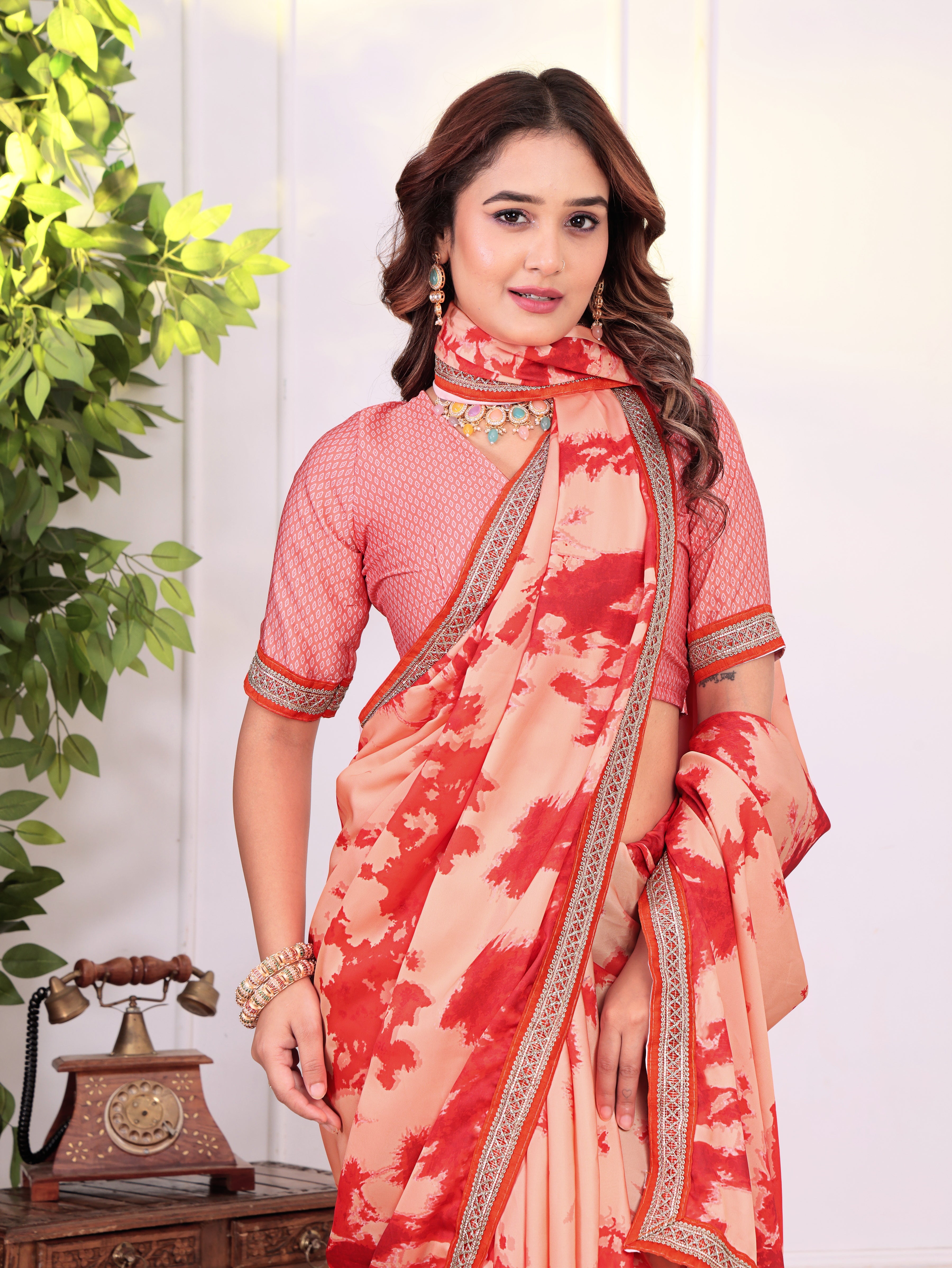Peach Ruby Blossom Printed KD001 Saree