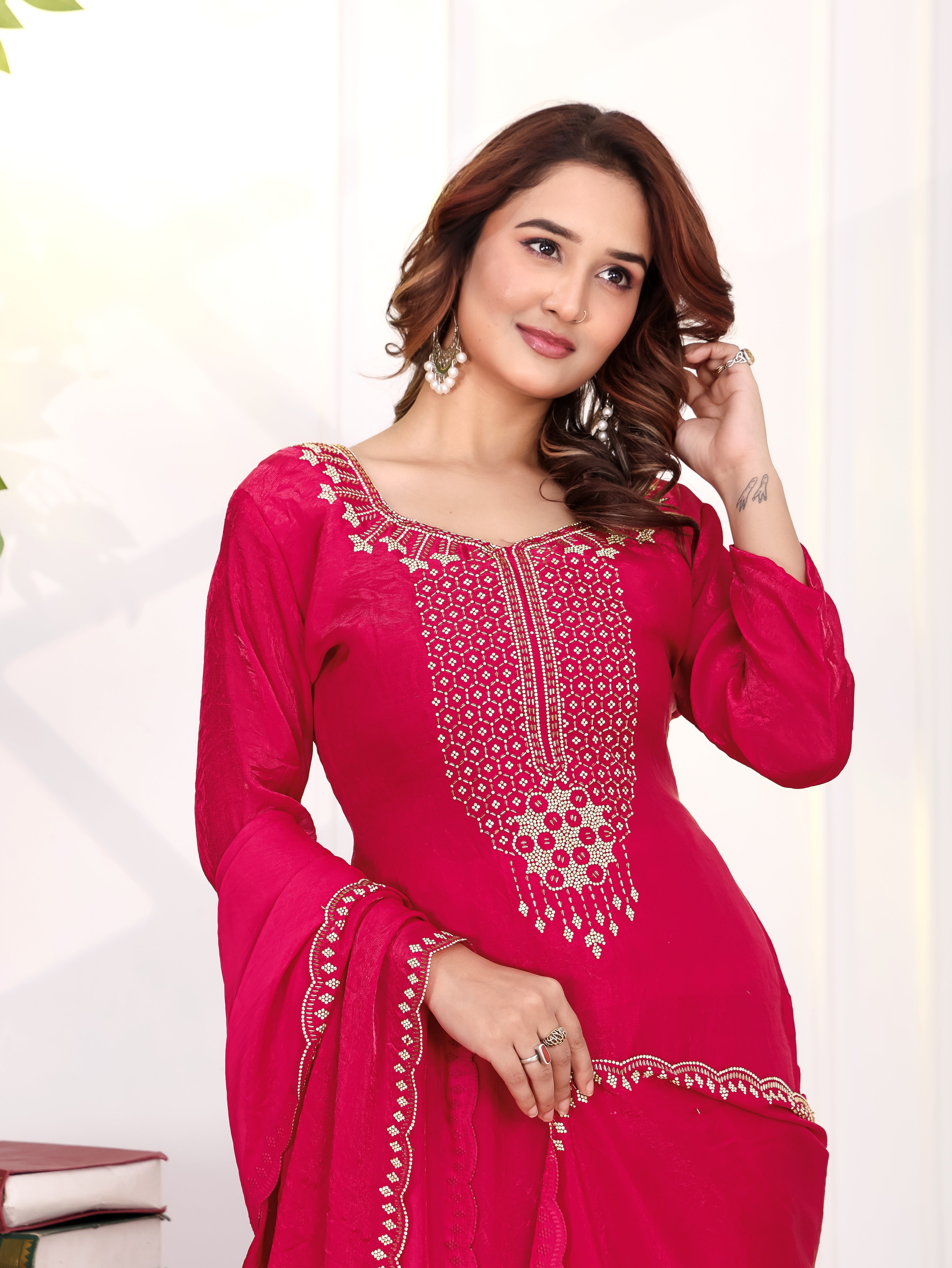 Aira - KD002 Pink Fendy Satin Kurti With Pant & Dupatta