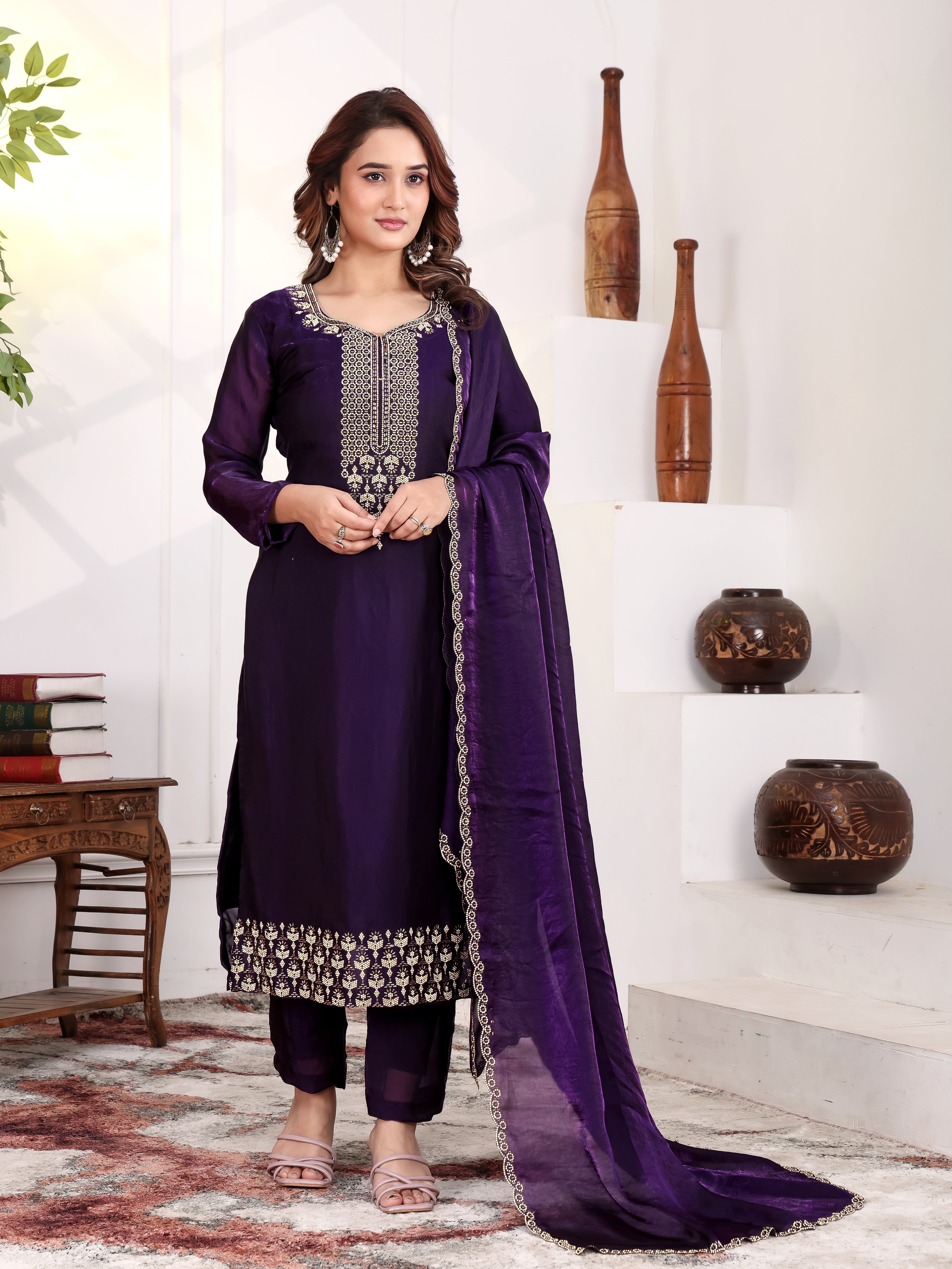 Aakriti - KD005 Purple Fendy Satin Kurti With Pant & Dupatta