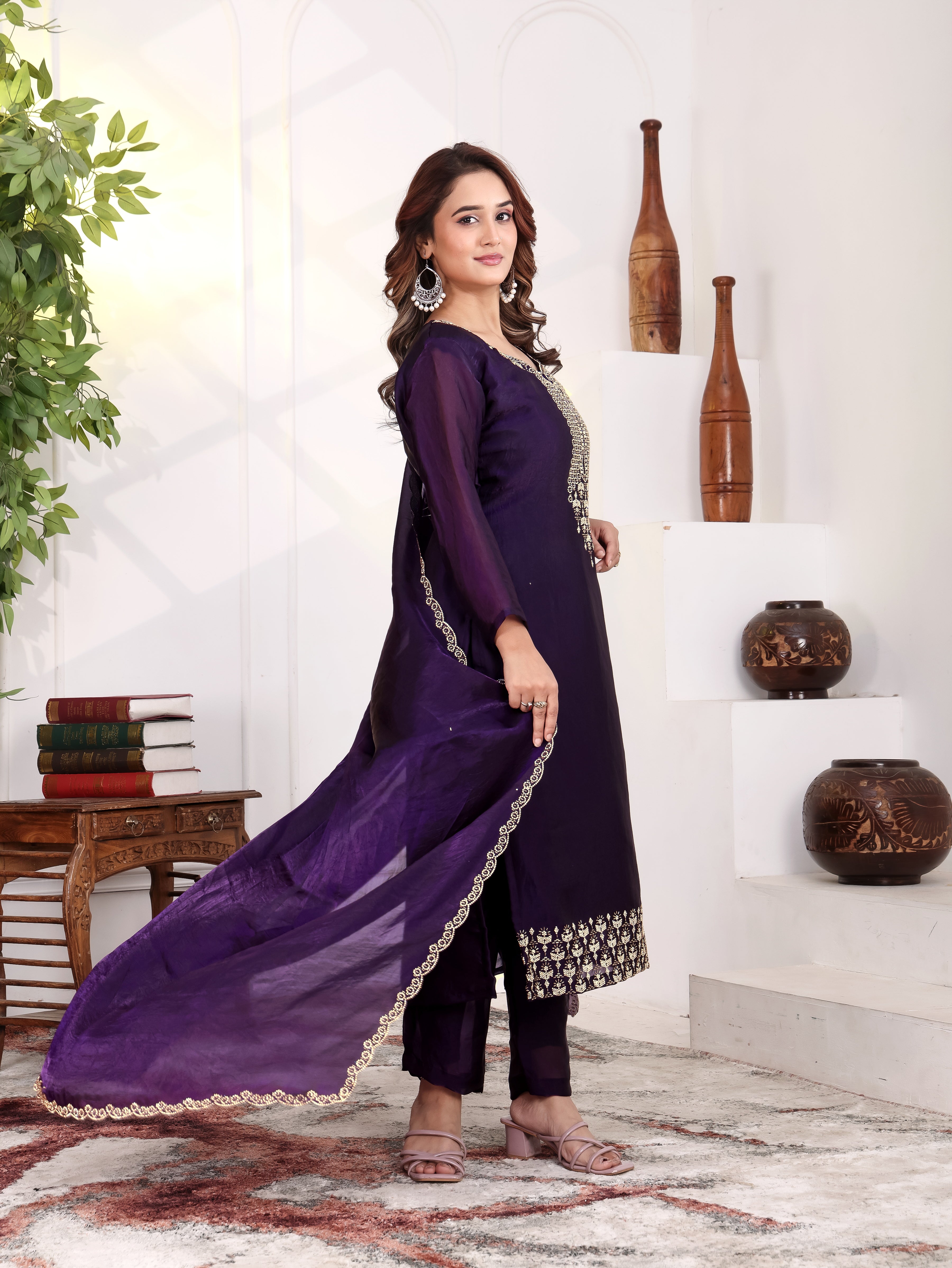 Aakriti - KD005 Purple Fendy Satin Kurti With Pant & Dupatta