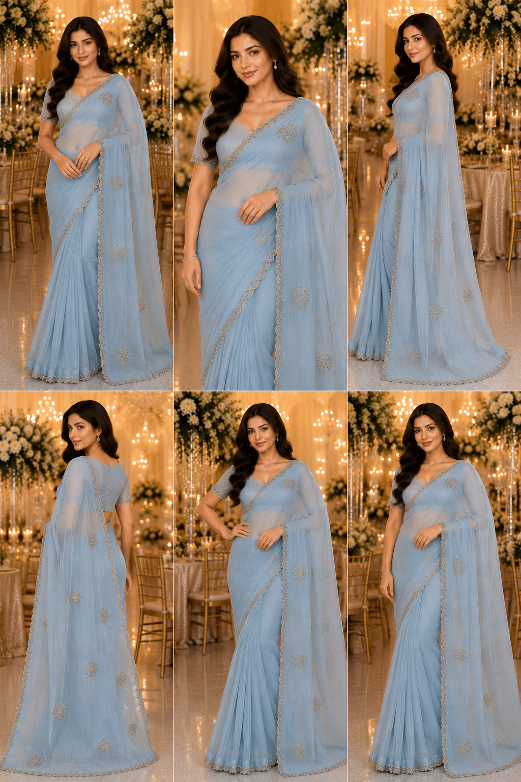 Frost Bloom Ice Blue Designer Soft Tissue Saree