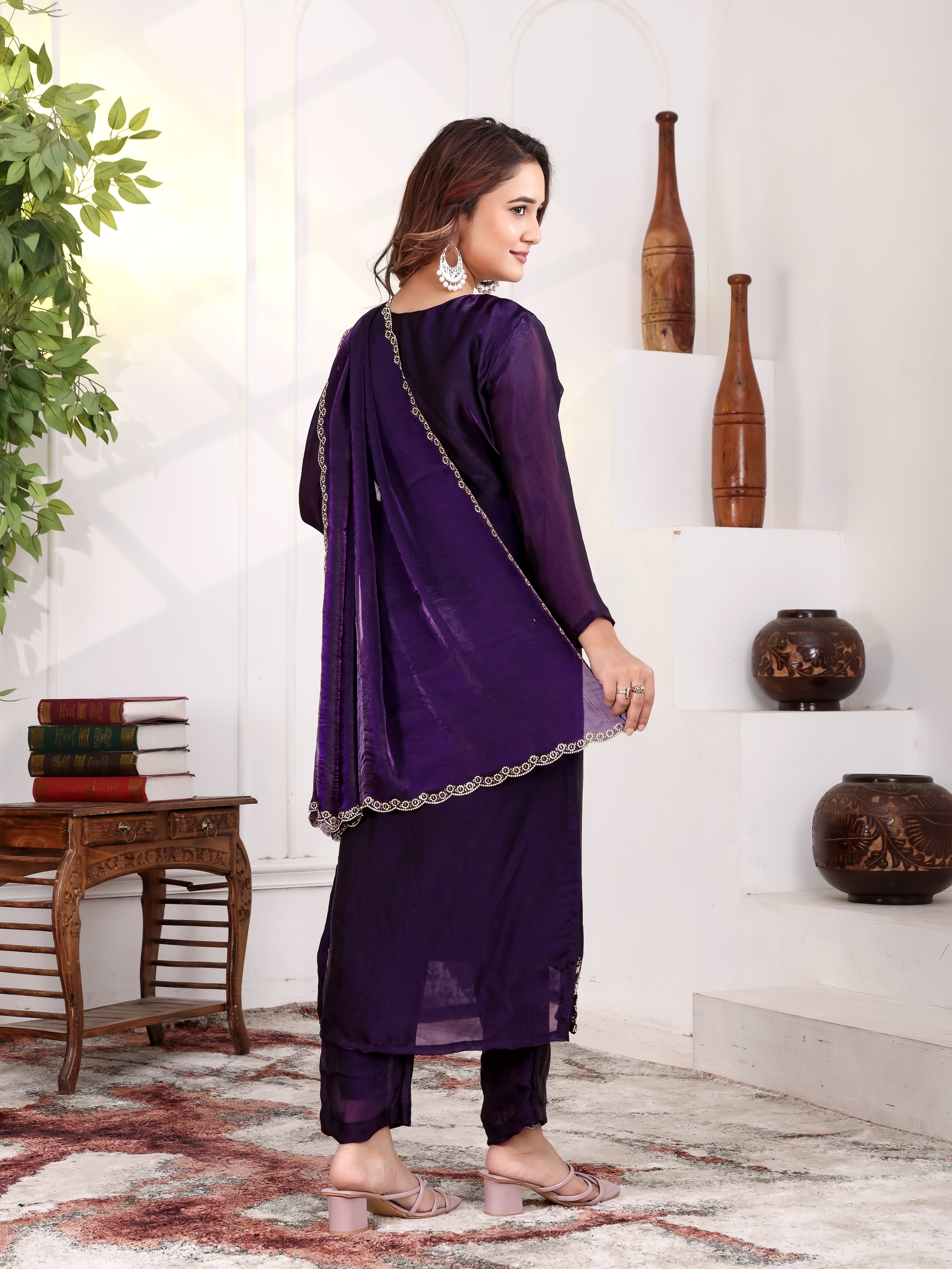 Aakriti - KD005 Purple Fendy Satin Kurti With Pant & Dupatta