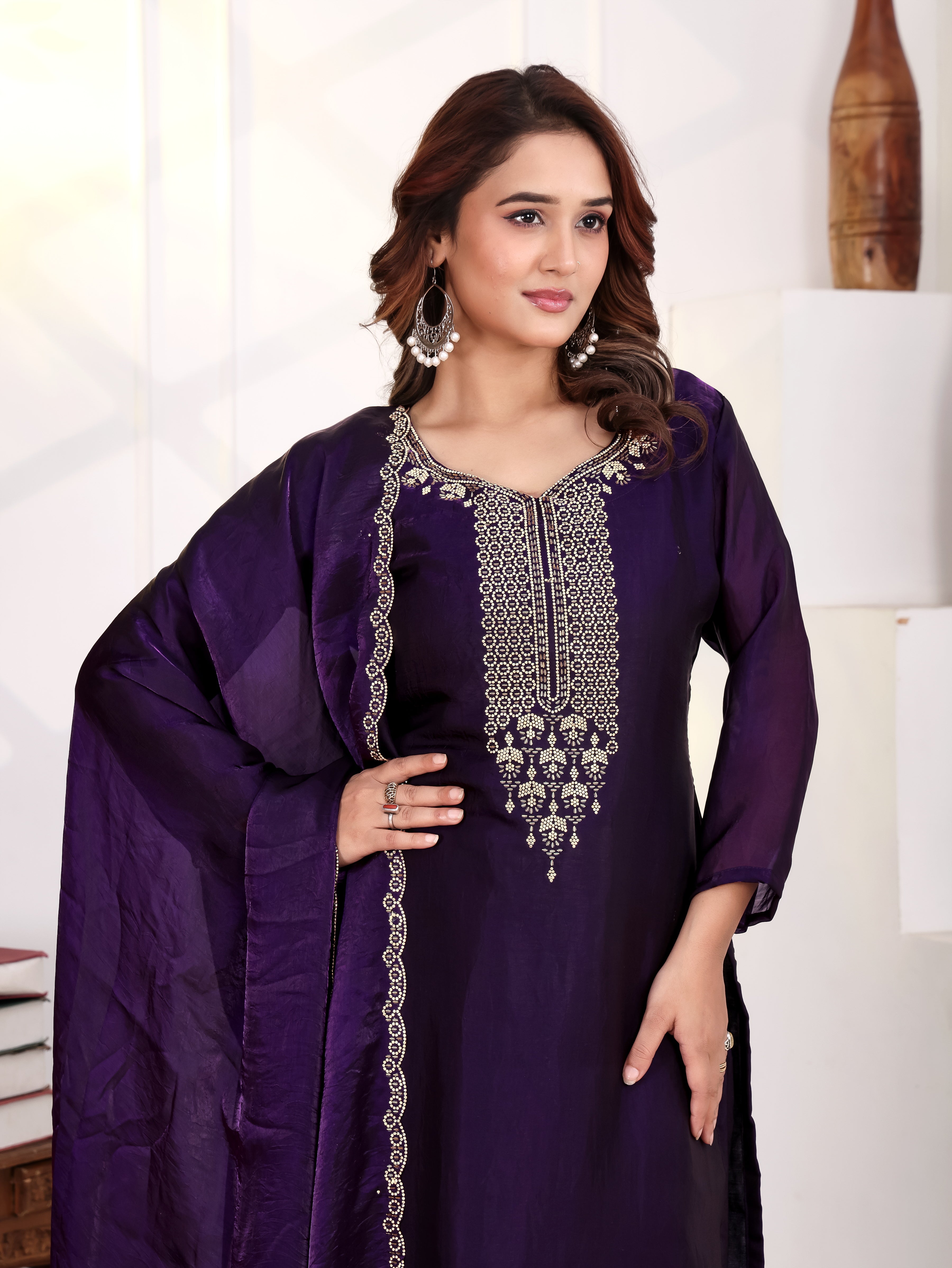 Aakriti - KD005 Purple Fendy Satin Kurti With Pant & Dupatta